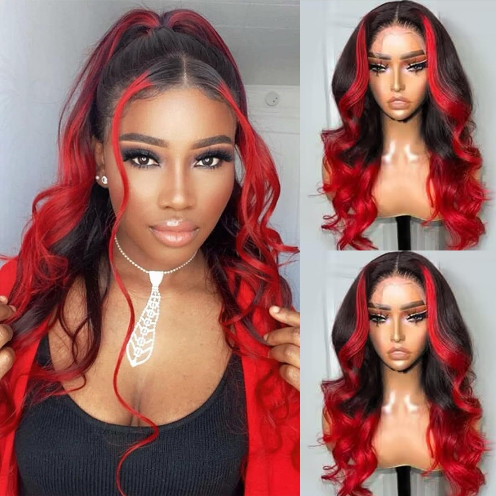 Goldfinch Ombre Red 13X4 Lace Front Wigs Human Hair Body Wave 1B/Red Skunk Stripe Lace Frontal Wigs Pre Plucked Hairline Red And Black Highlight Hd Lace Wigs With Streaks Colored 150% Densty 18 Inch