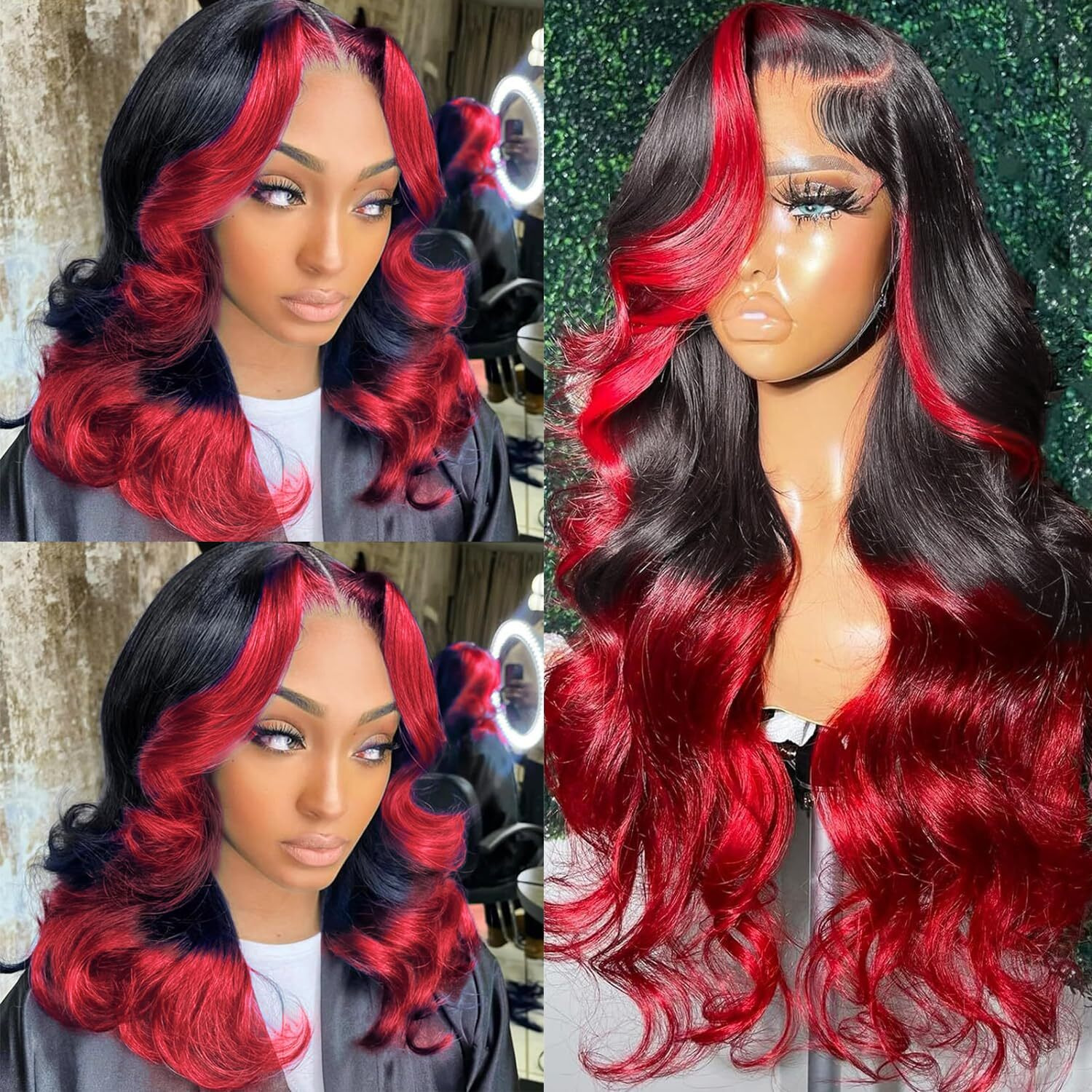 Goldfinch Ombre Red 13X4 Lace Front Wigs Human Hair Body Wave 1B/Red Skunk Stripe Lace Frontal Wigs Pre Plucked Hairline Red And Black Highlight Hd Lace Wigs With Streaks Colored 150% Densty 18 Inch