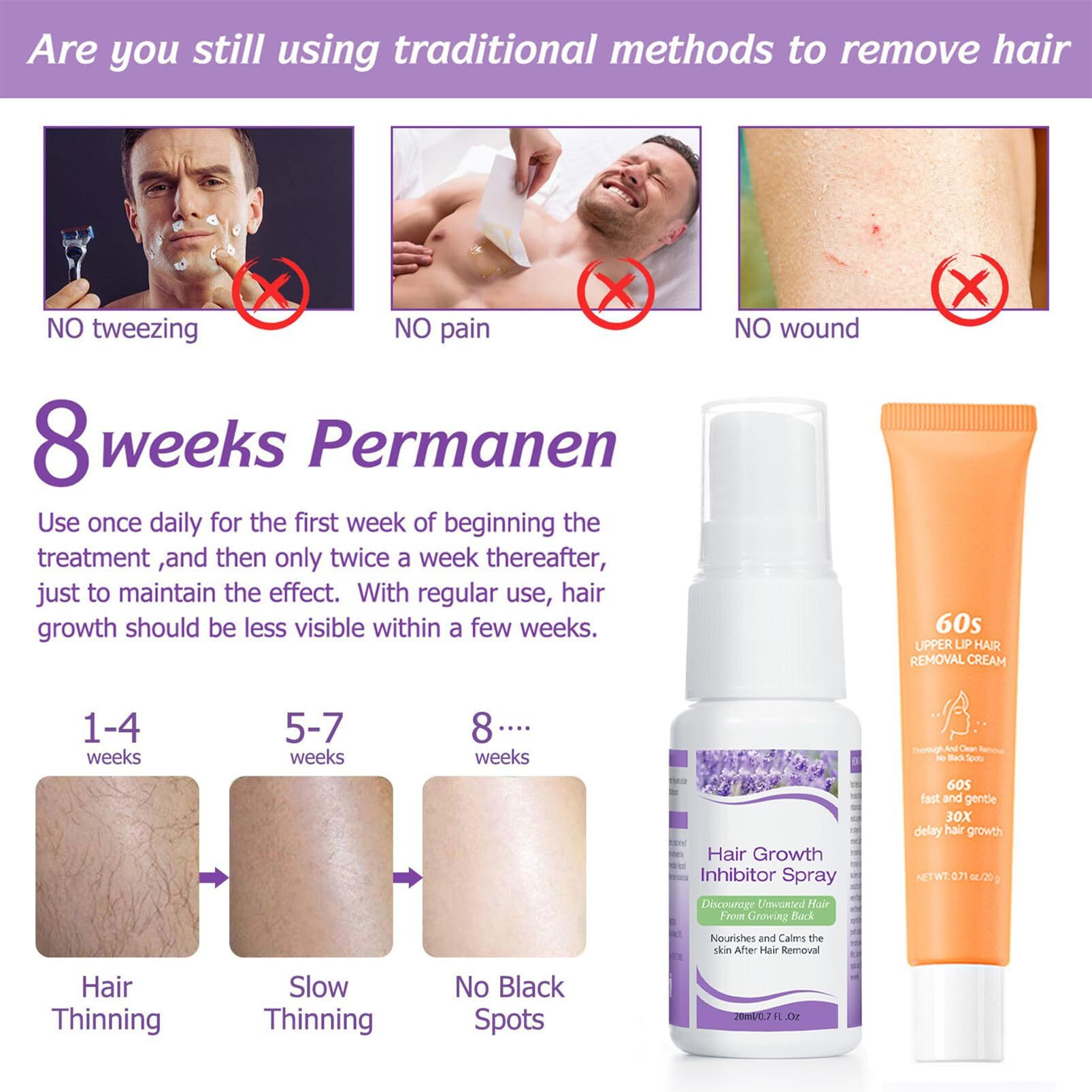 Hair Growth Inhibitor For Face & Hair Remover Cream, Hair Inhibitor Permanent Spray, Rapid Depilation, Permanent Hair Removal Spray For Body, Face, Underarm, Arm, Leg, Private Areas, Slows Regrowth