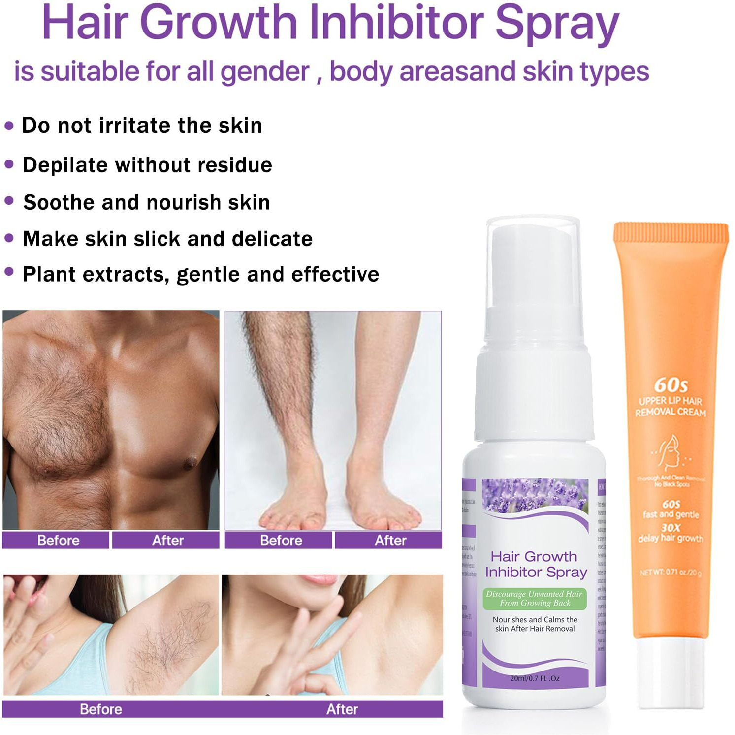 Hair Growth Inhibitor For Face & Hair Remover Cream, Hair Inhibitor Permanent Spray, Rapid Depilation, Permanent Hair Removal Spray For Body, Face, Underarm, Arm, Leg, Private Areas, Slows Regrowth