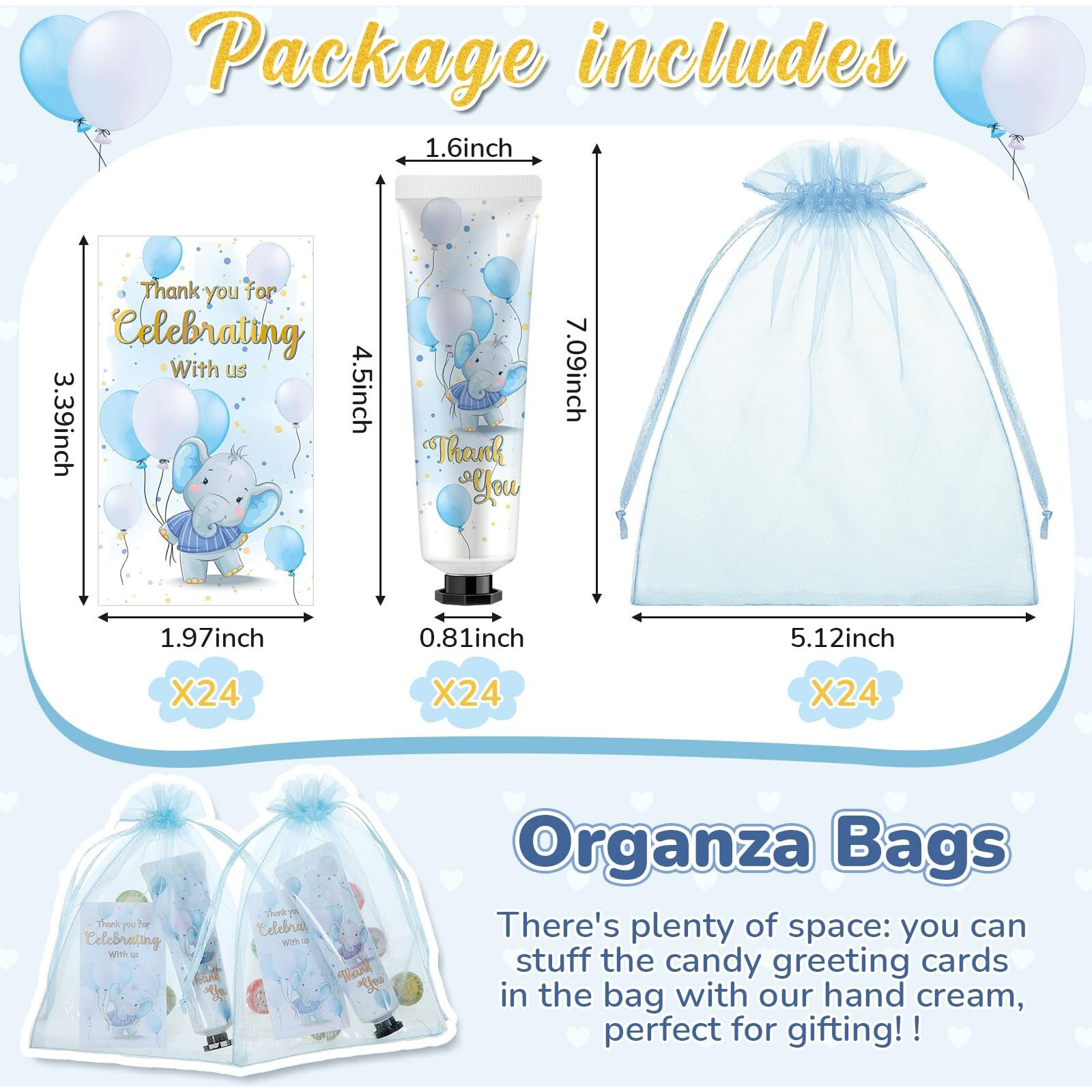 Swiffen 24 Sets Baby Shower Hand Cream Bulk Blue Elephant Shower Favors Bridal Thank You Appreciation Hand Cream For Guests Travel Size Lotion With Organza Bags