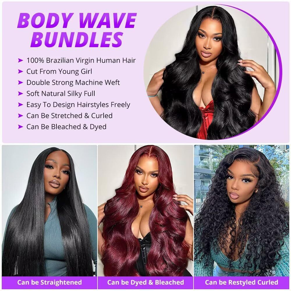 12A Human Hair Bundles 26 28 30 32 Inch Body Wave Bundles Human Hair 100% Unprocessed Brazilian Virgin Weave 4 Bundle For Women Natural Black Wavy Human Hair Extensions