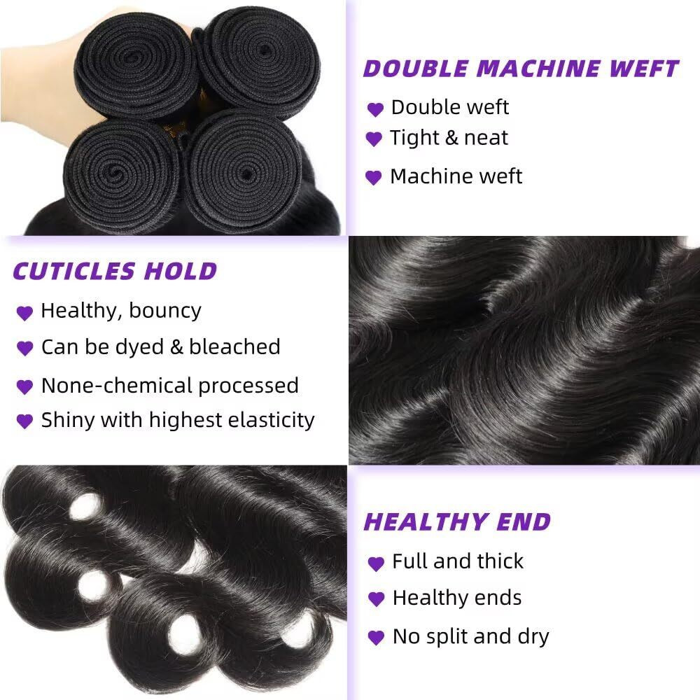 12A Human Hair Bundles 26 28 30 32 Inch Body Wave Bundles Human Hair 100% Unprocessed Brazilian Virgin Weave 4 Bundle For Women Natural Black Wavy Human Hair Extensions