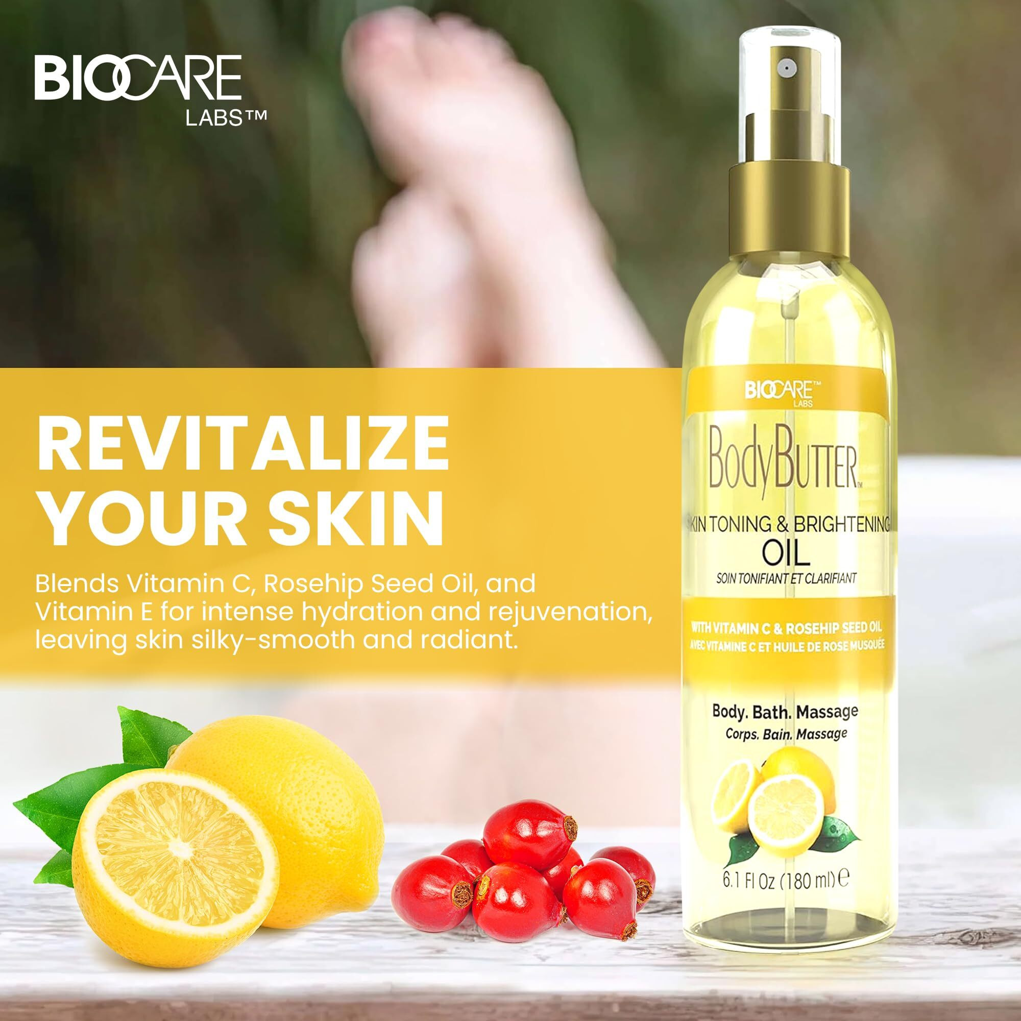 Biocare Skin Toning & Brightening Oil - Infused With Vitamin C, Rosehip Seed Oil, Vitamin E - Nourishing And Non-Greasy Body Oil For Hydrated, Radiant, Even Skin Texture And Complexion - 6 Oz