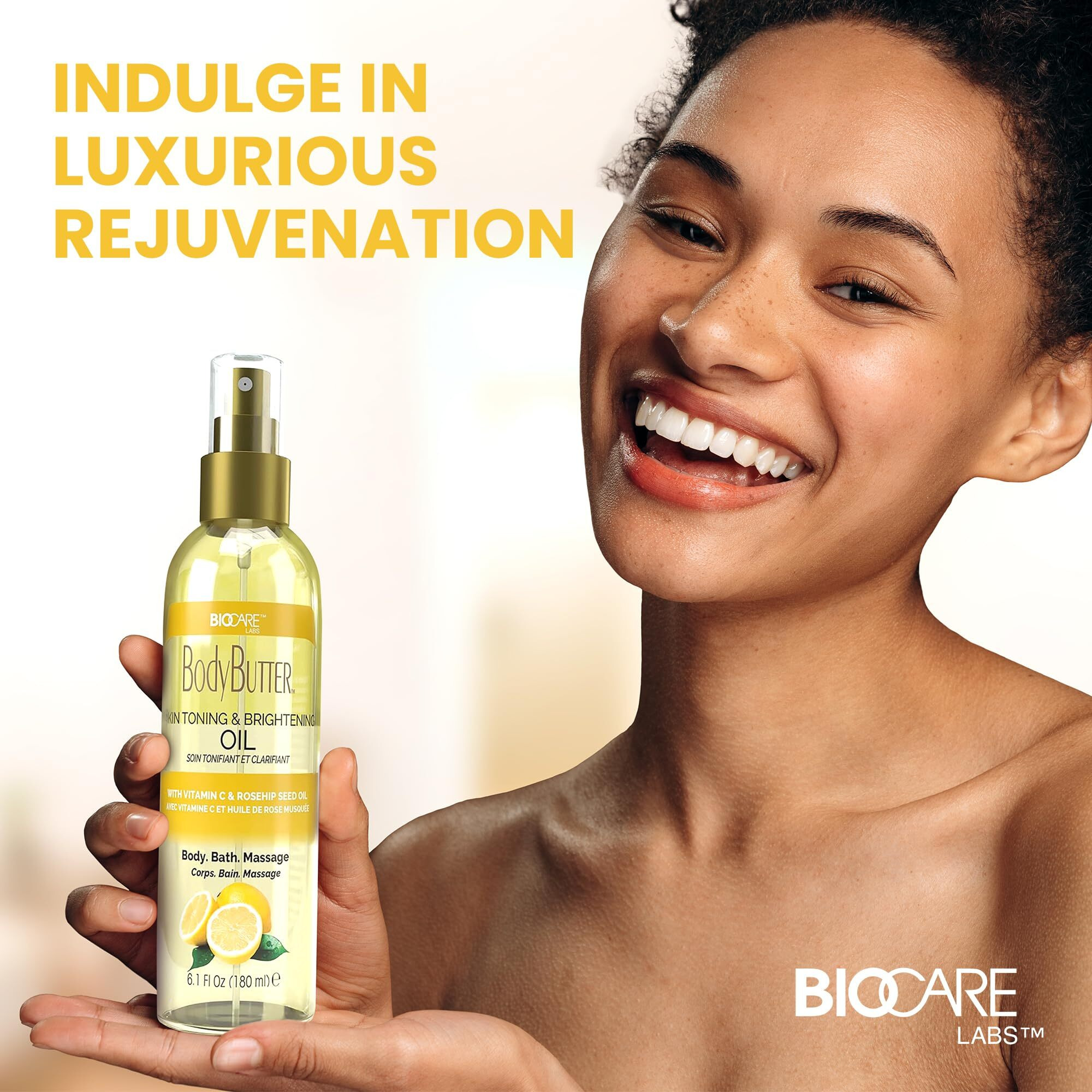 Biocare Skin Toning & Brightening Oil - Infused With Vitamin C, Rosehip Seed Oil, Vitamin E - Nourishing And Non-Greasy Body Oil For Hydrated, Radiant, Even Skin Texture And Complexion - 6 Oz