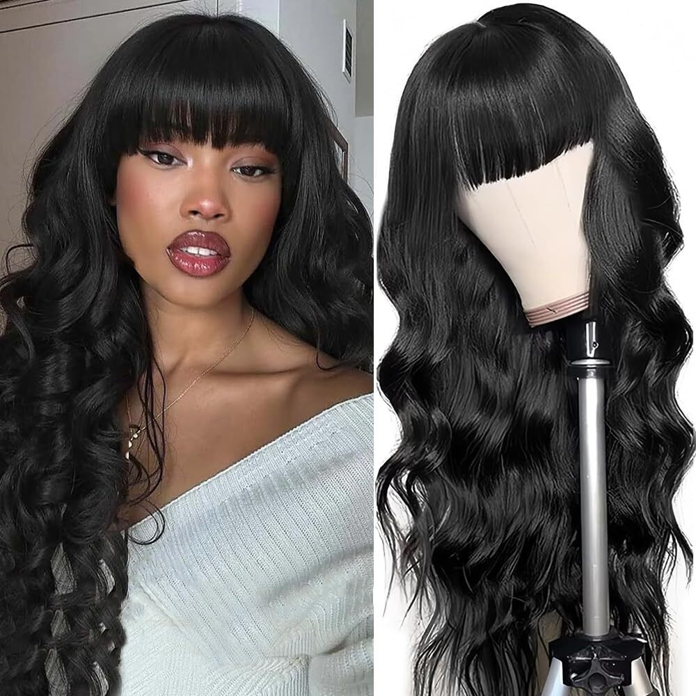Sooolavely 26 Inch Body Wave Wigs With Bangs Human Hair Wig For Women Machine Made None Lace Front Wigs 180% Density Brazilian Virgin Human Hair Glueless Wig With Adjustable Drawstring Natural Color