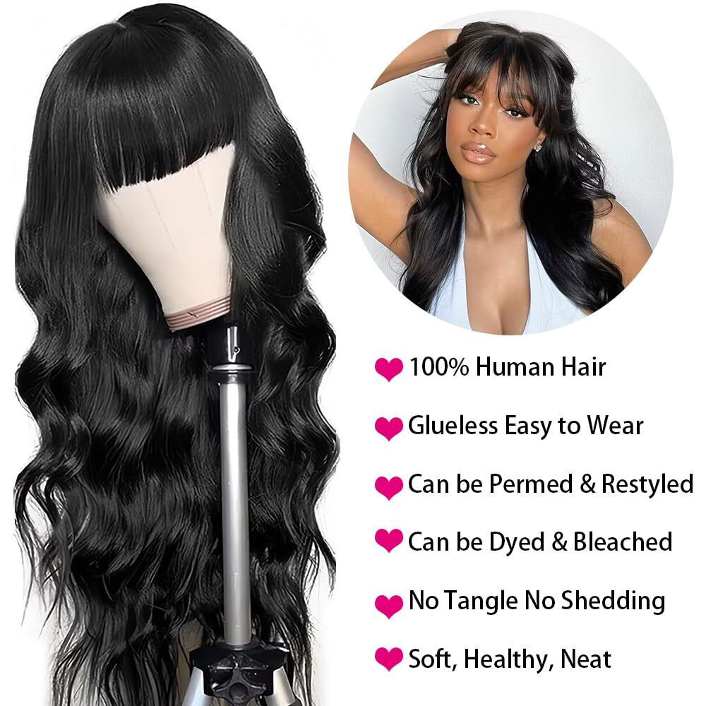 Sooolavely 26 Inch Body Wave Wigs With Bangs Human Hair Wig For Women Machine Made None Lace Front Wigs 180% Density Brazilian Virgin Human Hair Glueless Wig With Adjustable Drawstring Natural Color