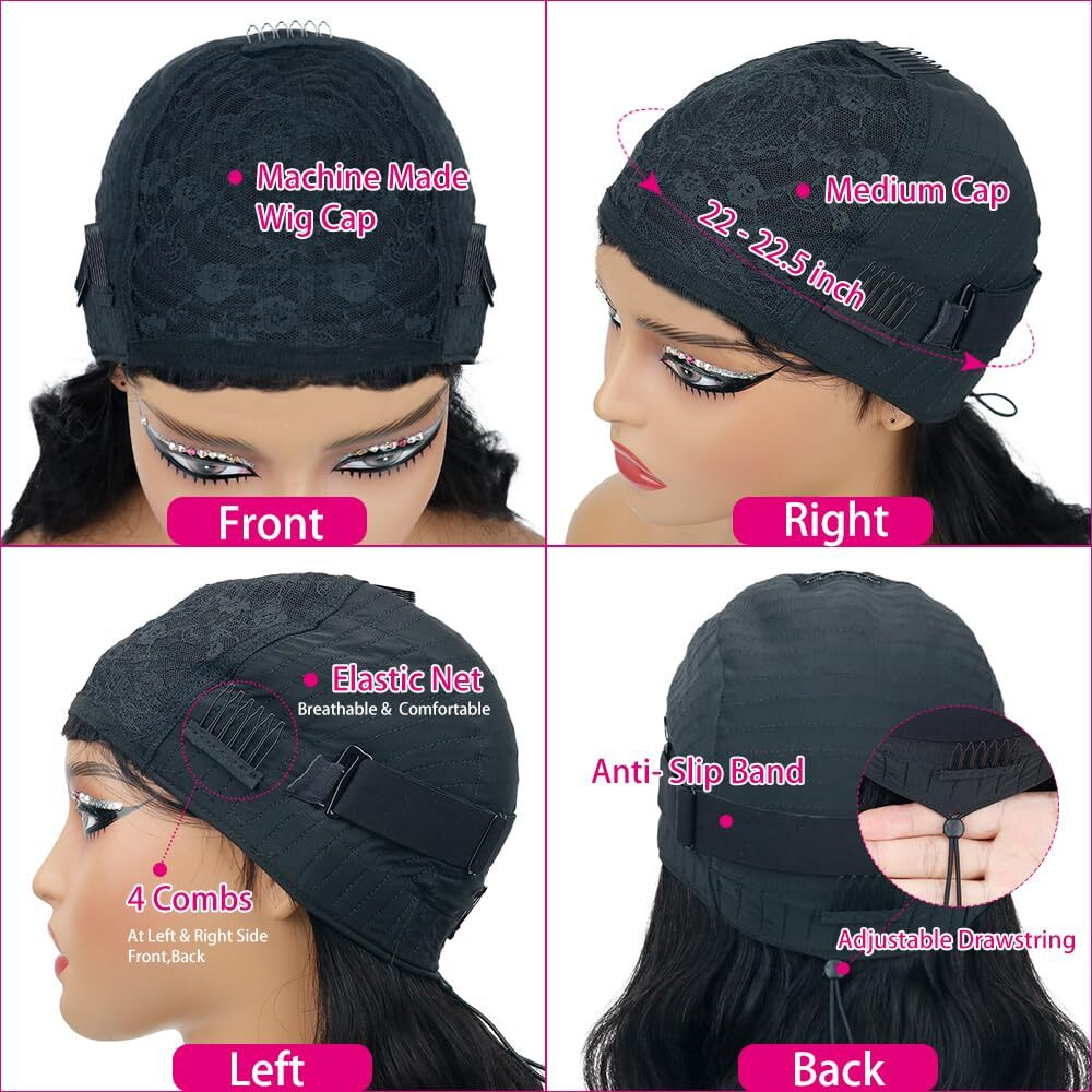 Sooolavely 26 Inch Body Wave Wigs With Bangs Human Hair Wig For Women Machine Made None Lace Front Wigs 180% Density Brazilian Virgin Human Hair Glueless Wig With Adjustable Drawstring Natural Color