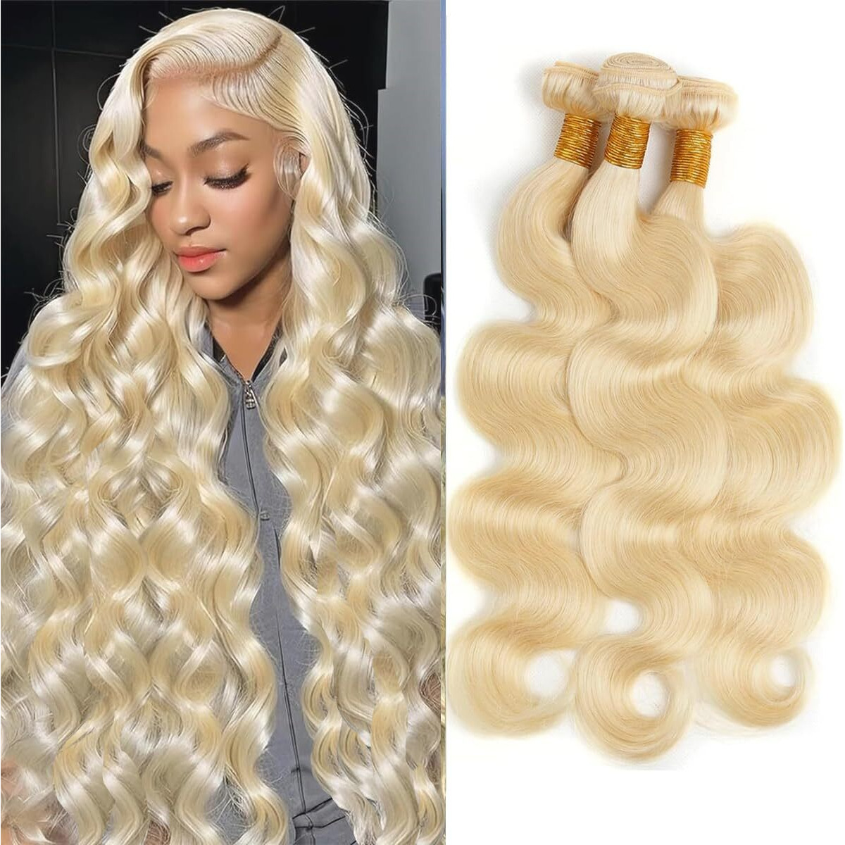 613 Bundles Blonde Human Hair Body Wave Bundles 24 26 28 Inch 100% Unprocessed 12A Grade Brazilian Virgin Hair Extensions For Women Double Weft Quick Weave Full And Thick No Tangle