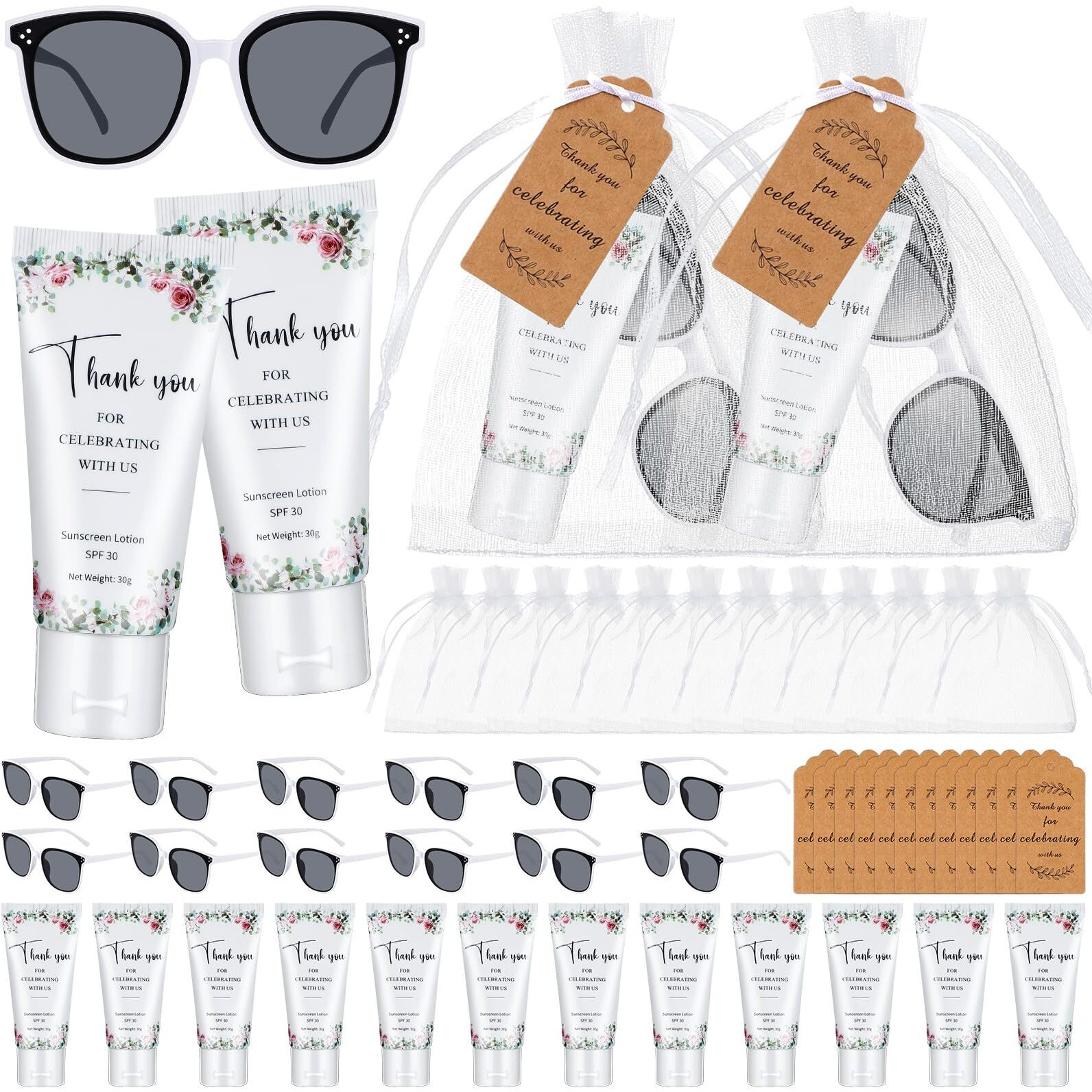 Dansib 12 Sets Mini Sunscreen And Sunglasses Bulk For Wedding Party Spf30 Water Resistant Sunscreen Lotion Bulk 1Oz Travel Size For Thank You Gifts Wedding Party Supplies (Floral)