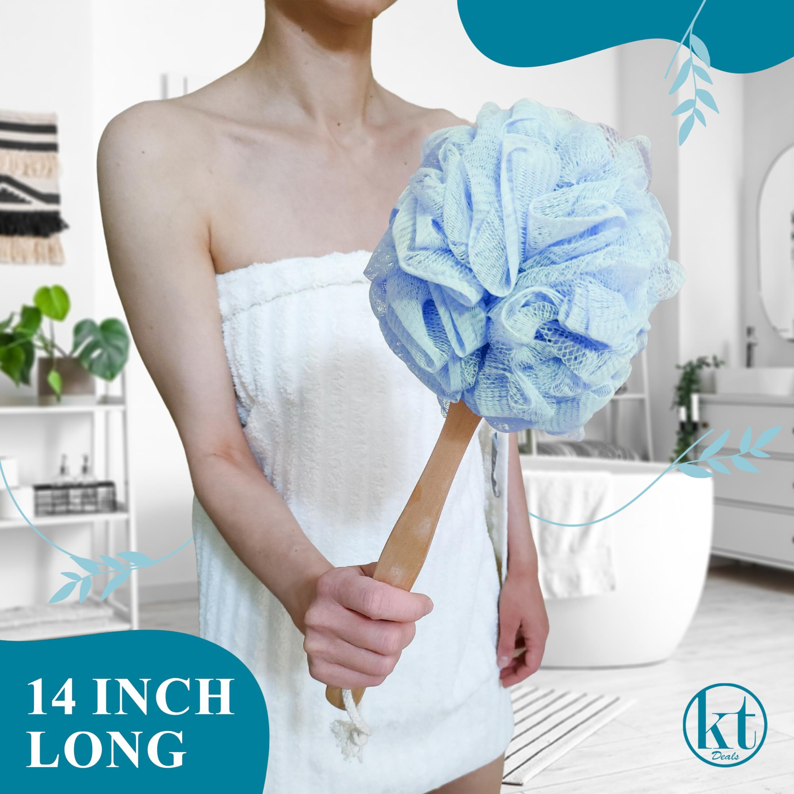 Loofah With Handle Exfoliating Skin Bath Mesh Sponge Luffa On Stick Shower Brush Body Back Scrubber For Women & Men (Blue & Green)