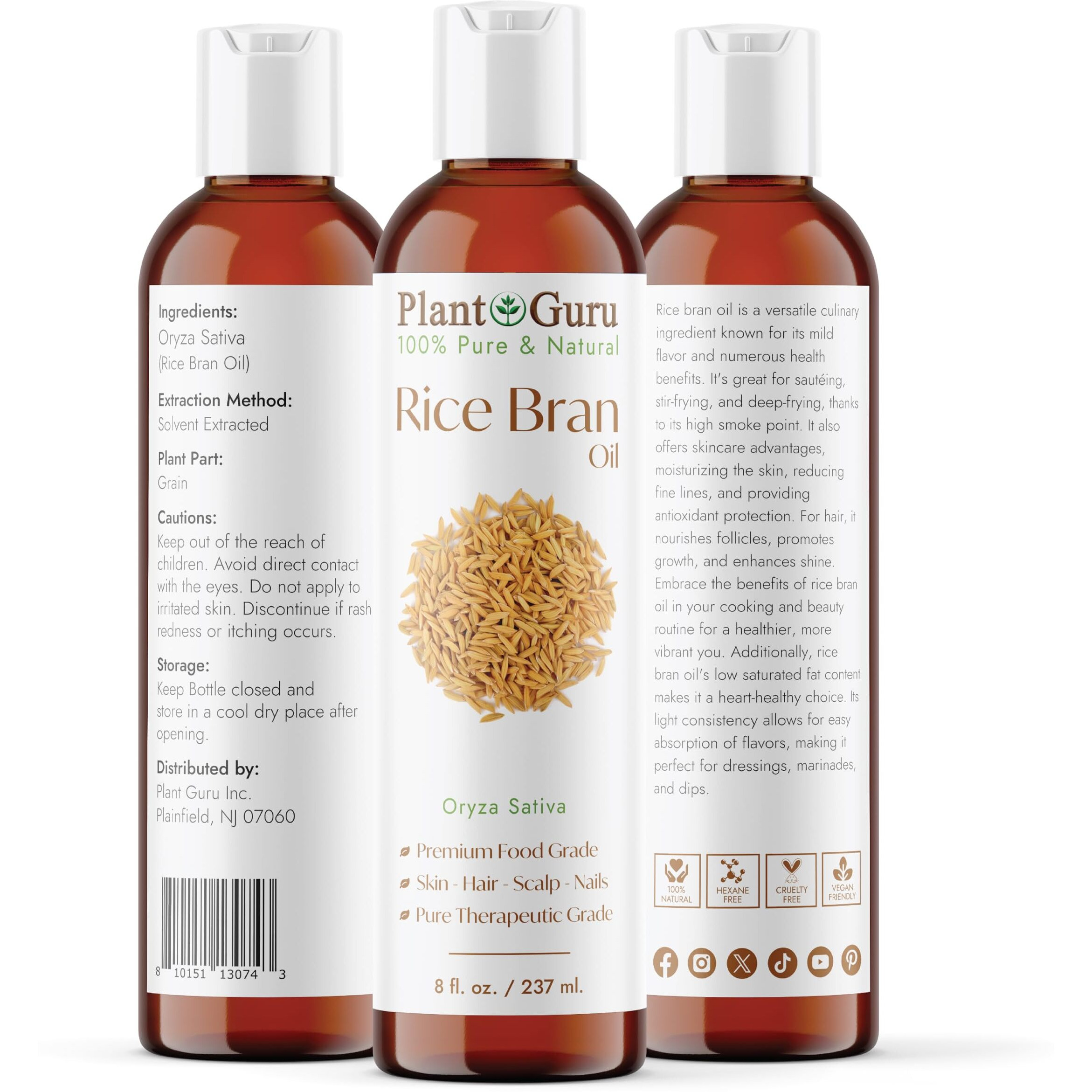 Rice Bran Oil 8 Fl. Oz. - 100% Pure & Natural Carrier Oil For Skin, Face, Body, And Hair Moisturizing. Great For Diy Creams, Lotions, And Lip Balms.