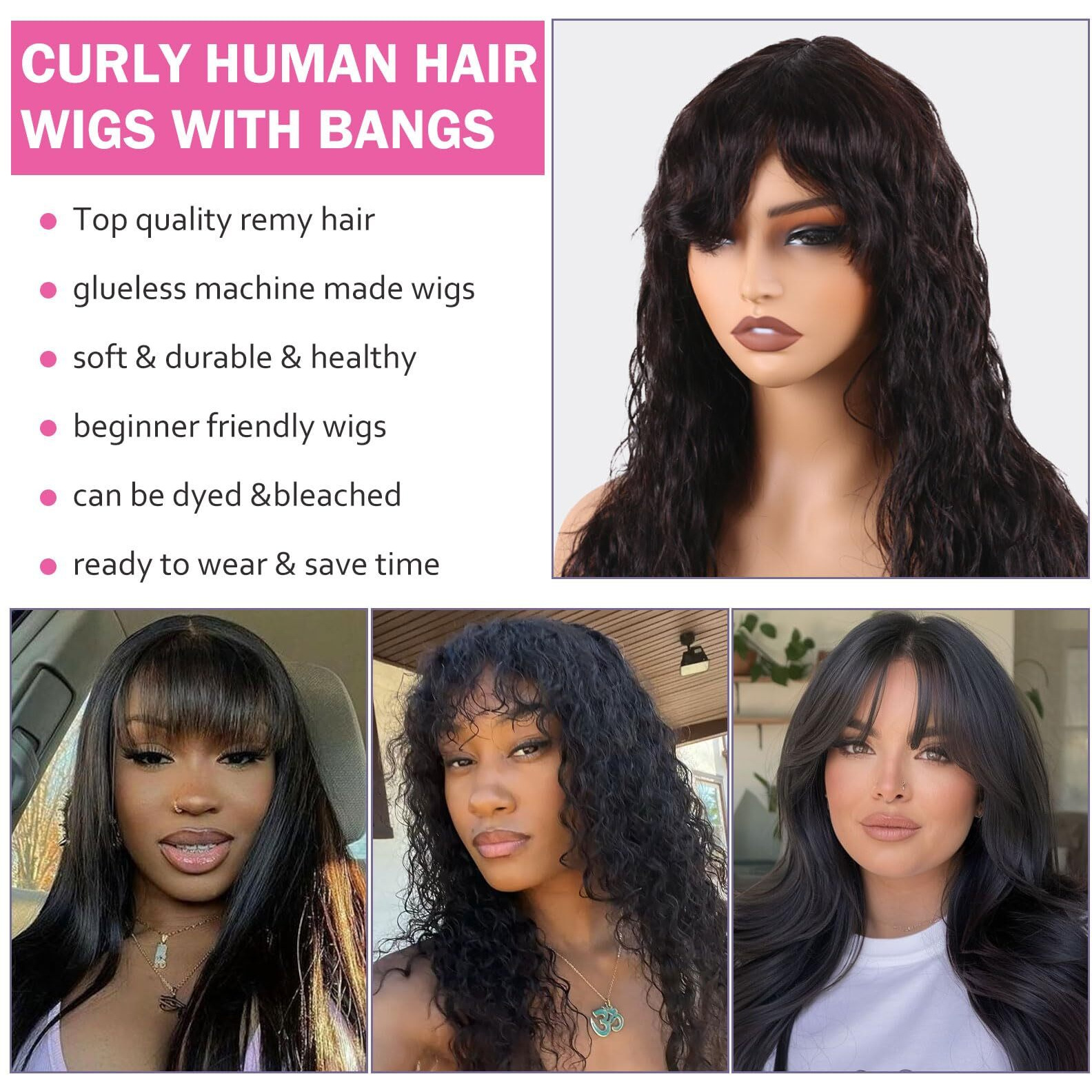 Manemajesty Body Wave Wigs With Bangs Human Hair Wig For Women None Lace Wear And Go Glueless Wet And Wavy Wig Natural Black Machine Made Brazilian Virgin Human Hair Wigs 24 Inch