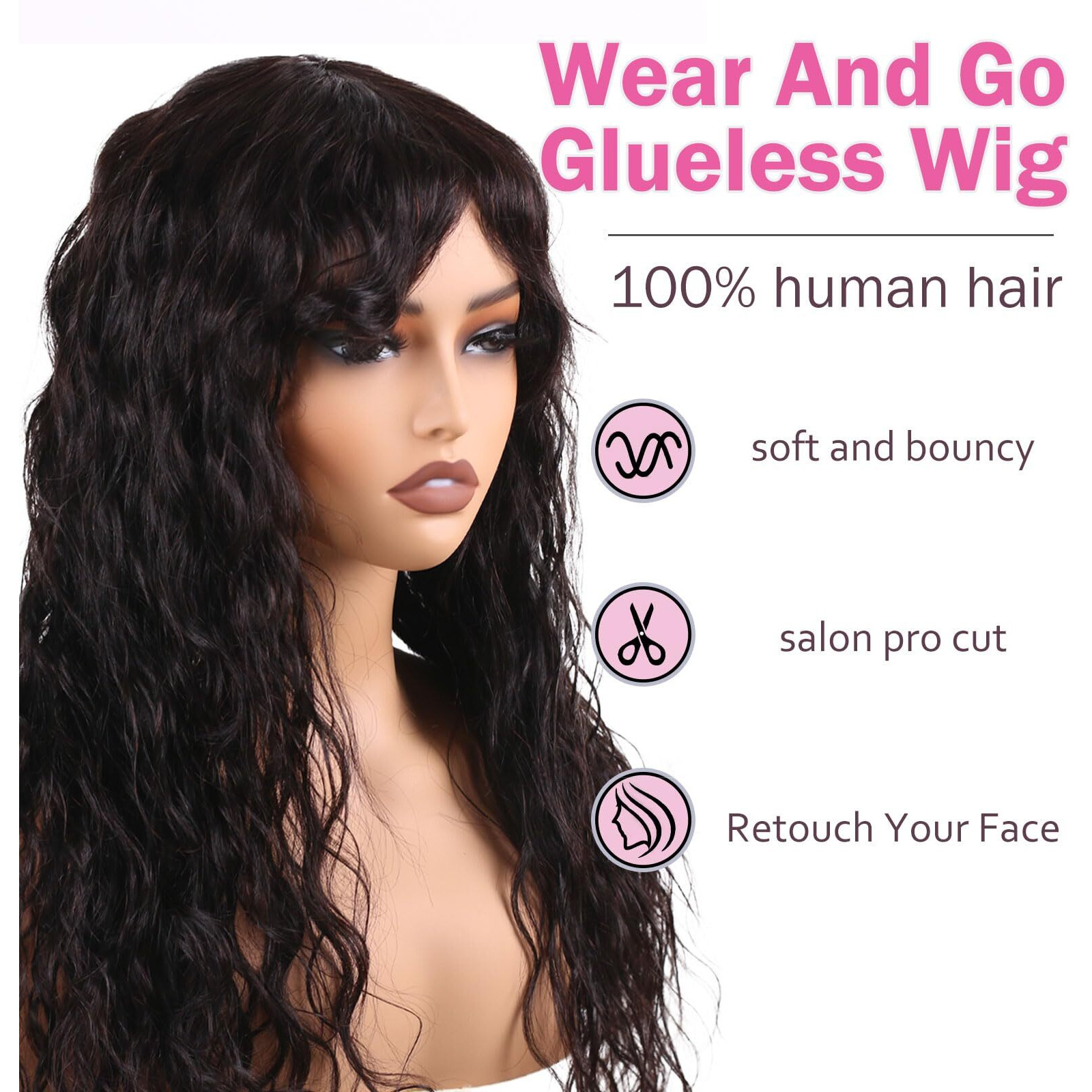 Manemajesty Body Wave Wigs With Bangs Human Hair Wig For Women None Lace Wear And Go Glueless Wet And Wavy Wig Natural Black Machine Made Brazilian Virgin Human Hair Wigs 24 Inch