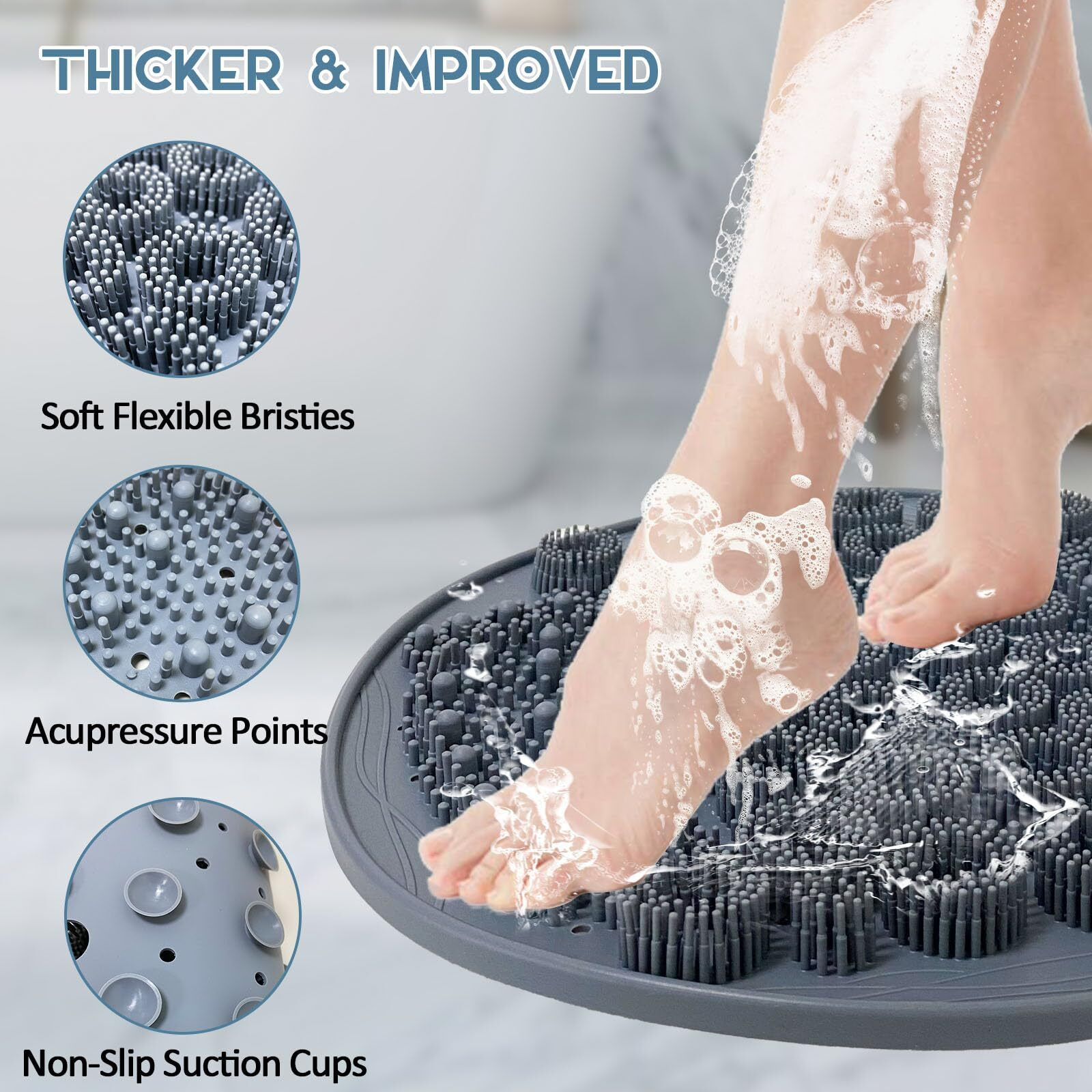 Luckyiren Larger Foot Scrubber Mat For Shower, Silicone Foot & Back Body Exfoliator Massager Cleaner Washer With Non Slip Suction Cup, Exfoliating Scrub Brush Pad For Women Men Elderly, Grey