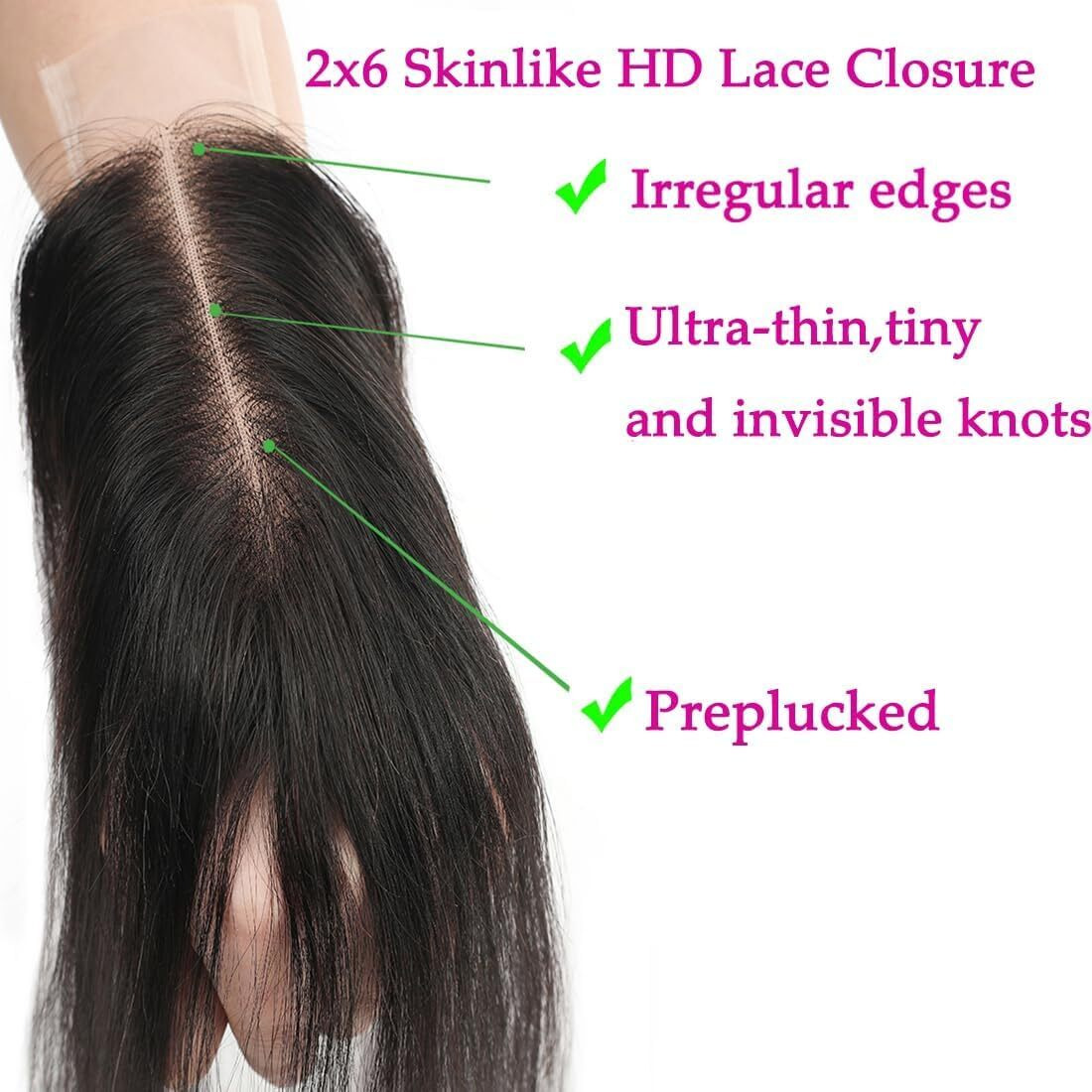 2X6 Hd Transparent Skinlike Human Hair Lace Closure Body Wave 22Inch 100% Brazilian 2X6 Closure Virgin Human Hair Kim K Middle Part Closure Body Wave Natural Black Glueless Pre Plucked Bleached