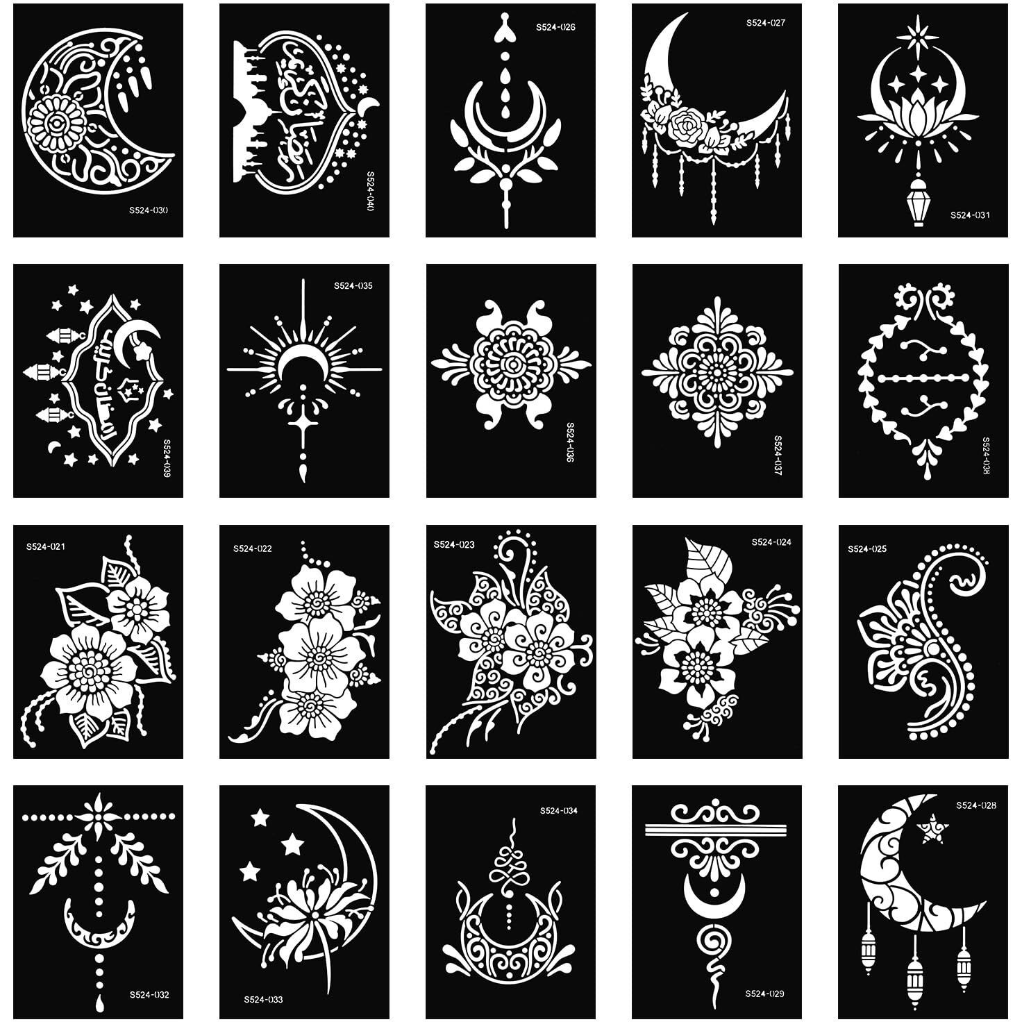 20 Sheets Henna Tattoo Stencil Kit, Temporary Tattoo Templates For Real Tattoos Mehndi Stencils For Kids Teens Adults Body Paint