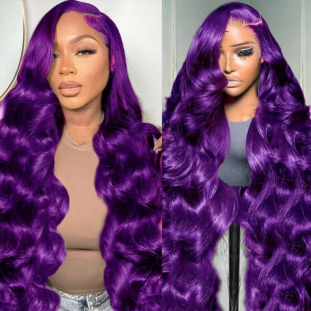 Purple Wig Human Hair Body Wave Human Hair Wig Pre Plucked 200 Density Purple Lace Front Wig Human Hair 13X4 Hd Lace Frontal Wig 22 Inch