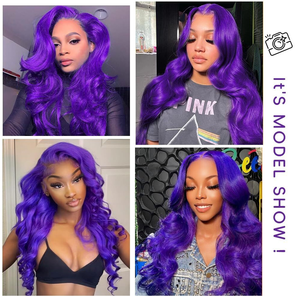 Purple Wig Human Hair Body Wave Human Hair Wig Pre Plucked 200 Density Purple Lace Front Wig Human Hair 13X4 Hd Lace Frontal Wig 22 Inch