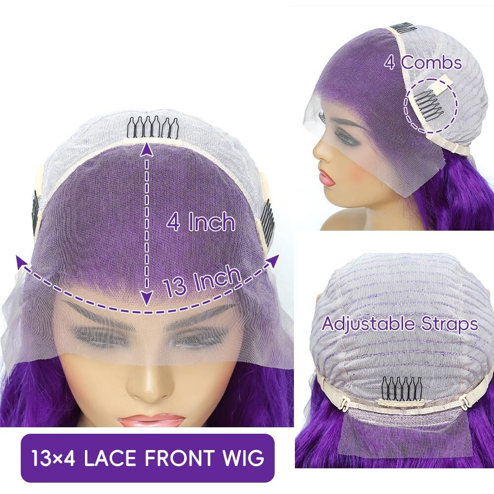 Purple Wig Human Hair Body Wave Human Hair Wig Pre Plucked 200 Density Purple Lace Front Wig Human Hair 13X4 Hd Lace Frontal Wig 22 Inch