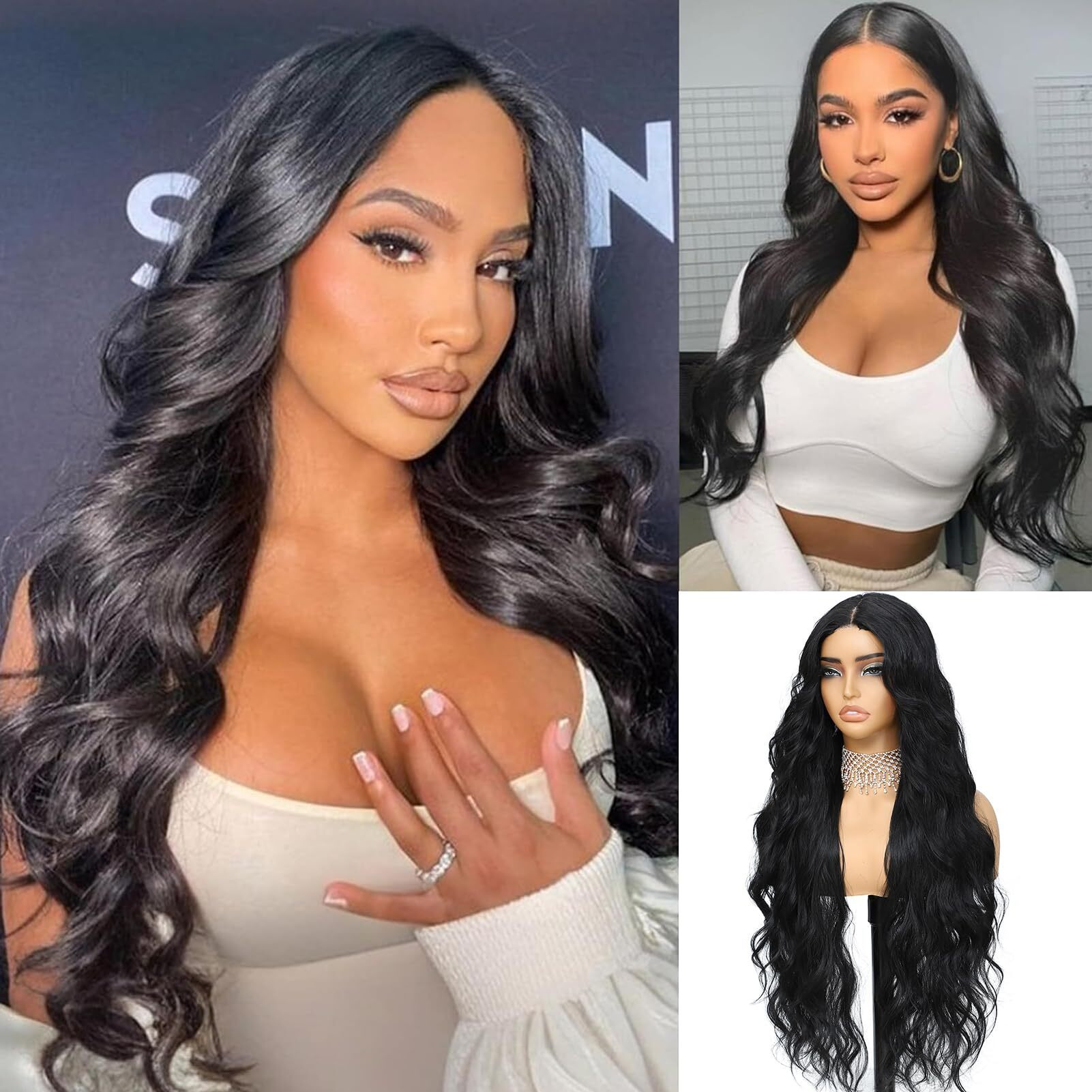 Xchjh 30 Inch Synthetic Lace Front Wig, 4X1 Glueless Pre-Cut Lace Wear And Go Synthetic Wavy Wig For Women Body Wave Middle Part, Beginner-Friendly For Daily Use (Black 1B)