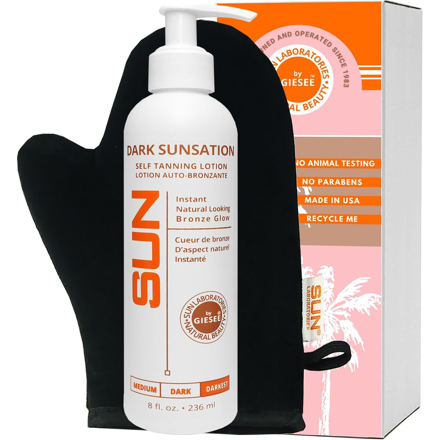 Sun Laboratories By Giesee Dark Sunsation Self Tanning Lotion 8 Oz With Tanning Mitt - Ultra Dark, Organic, Pregnancy Safe, Travel Size Self Tanner, Long Lasting, Natural, Sunless Tanning Lotion Kit