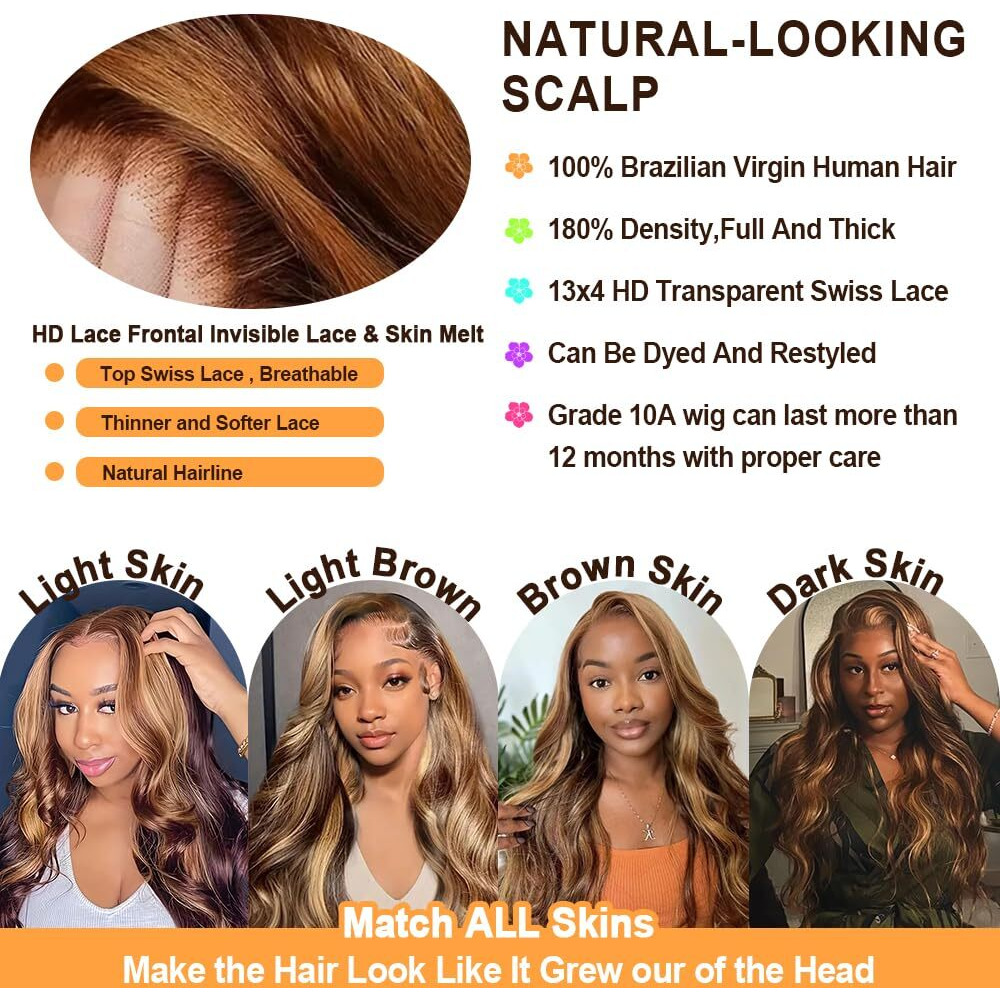 Highlight Ombre Lace Front Wig Human Hair 26In Honey Blonde Wig Human Hair Body Wave Lace Front Wigs Human Hair 180 Density Frontal Wigs Human Hair For Women 4/27 Colored Pre Plucked With Baby Hair
