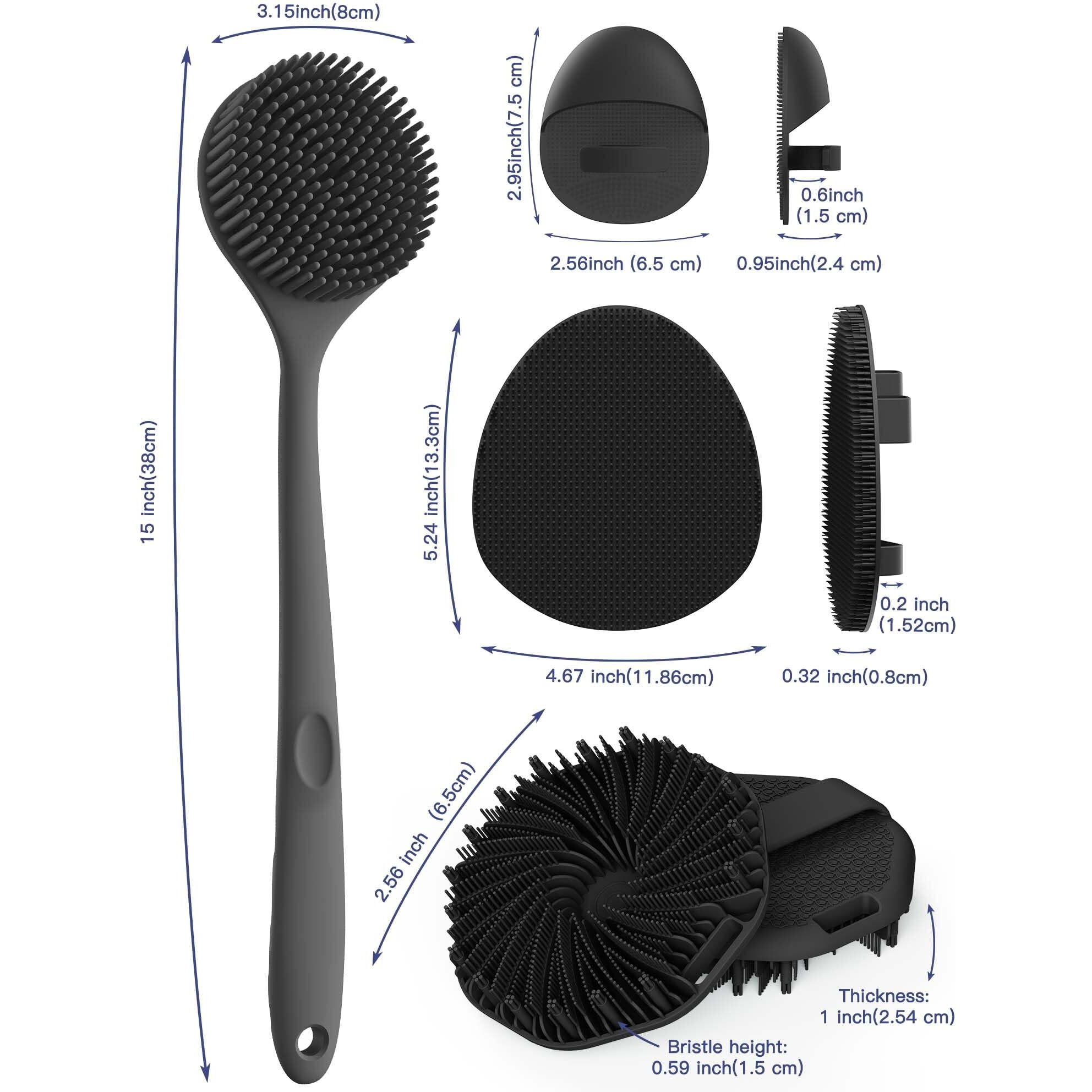 Manmihealth Silicone Back Scrubber & Soft Bath Glove, Silicone Scalp Massager Set 5 Pcs, Super-Exfoliating Body Scrubber Shower Brush & Shampoo Brush Combination, With 2 Free Hooks (Style 1 Black)