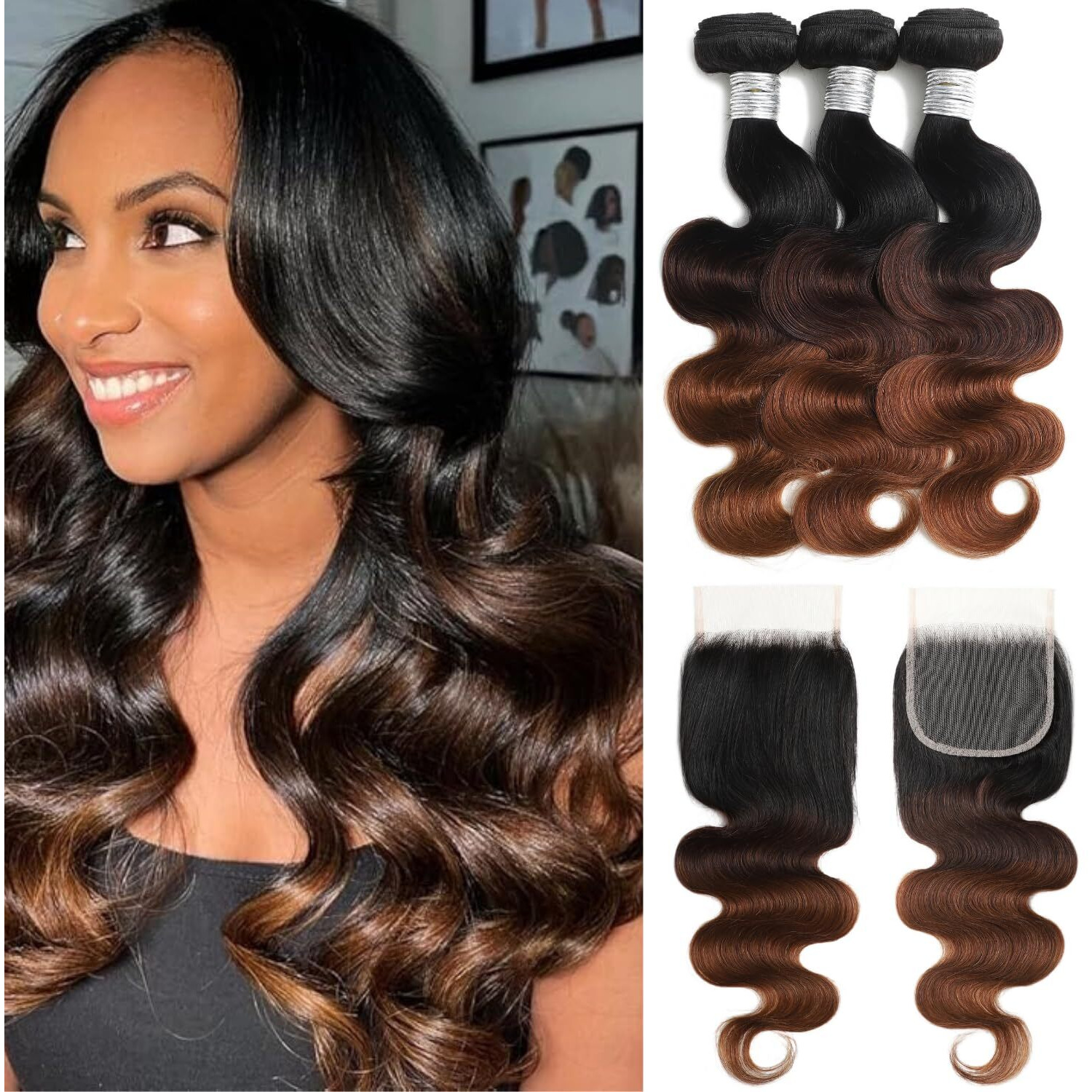 Anmetan 1B/2/30 Ombre Bundles With 4X4 Closure Body Wave Human Hair 18/20/22+18 In, 12A Chestnut Brown 4X4 Hd Lace Closure Free Part Closure And 3 Bundles Soft Glossy 3 Tone Weave Wavy With Dark Roots