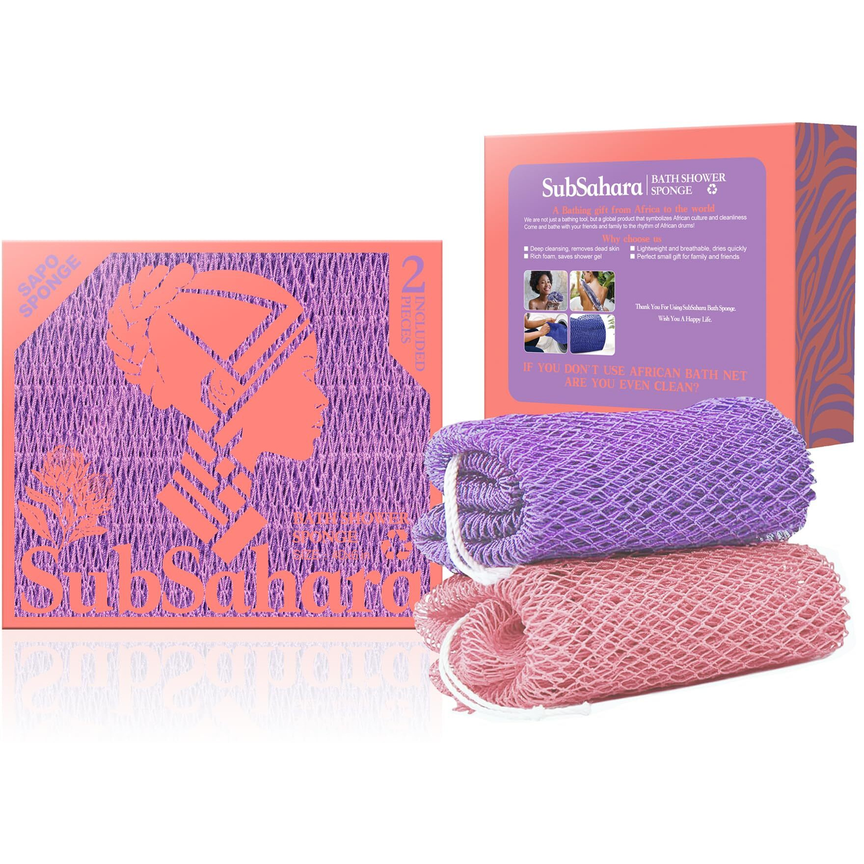 Subsahara Authentic African Net Sponge - 2 Pieces Exfoliating Scrubber For All Skin Types, Bath Sponge For Face & Body, Travel Portable, Durable, Gentle Exfoliation (Blush Pink & Lavender Purple)