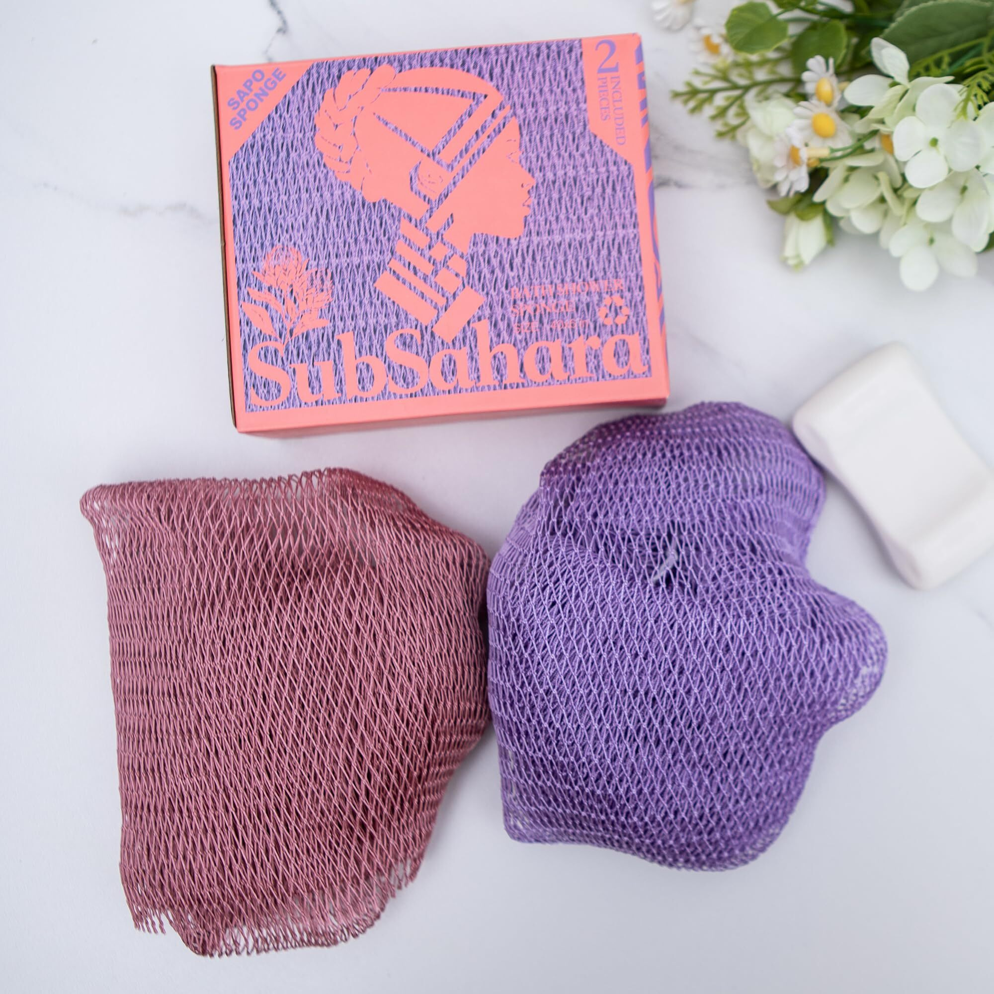 Subsahara Authentic African Net Sponge - 2 Pieces Exfoliating Scrubber For All Skin Types, Bath Sponge For Face & Body, Travel Portable, Durable, Gentle Exfoliation (Blush Pink & Lavender Purple)