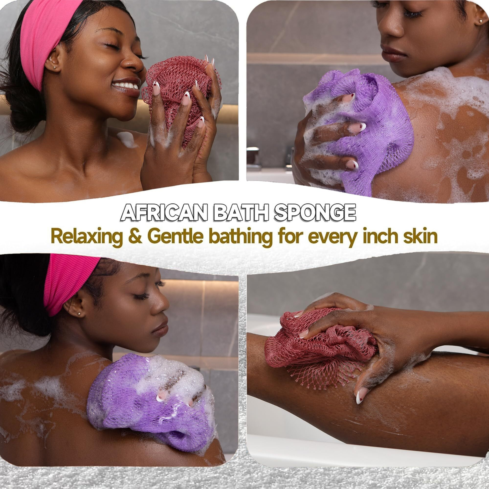 Subsahara Authentic African Net Sponge - 2 Pieces Exfoliating Scrubber For All Skin Types, Bath Sponge For Face & Body, Travel Portable, Durable, Gentle Exfoliation (Blush Pink & Lavender Purple)