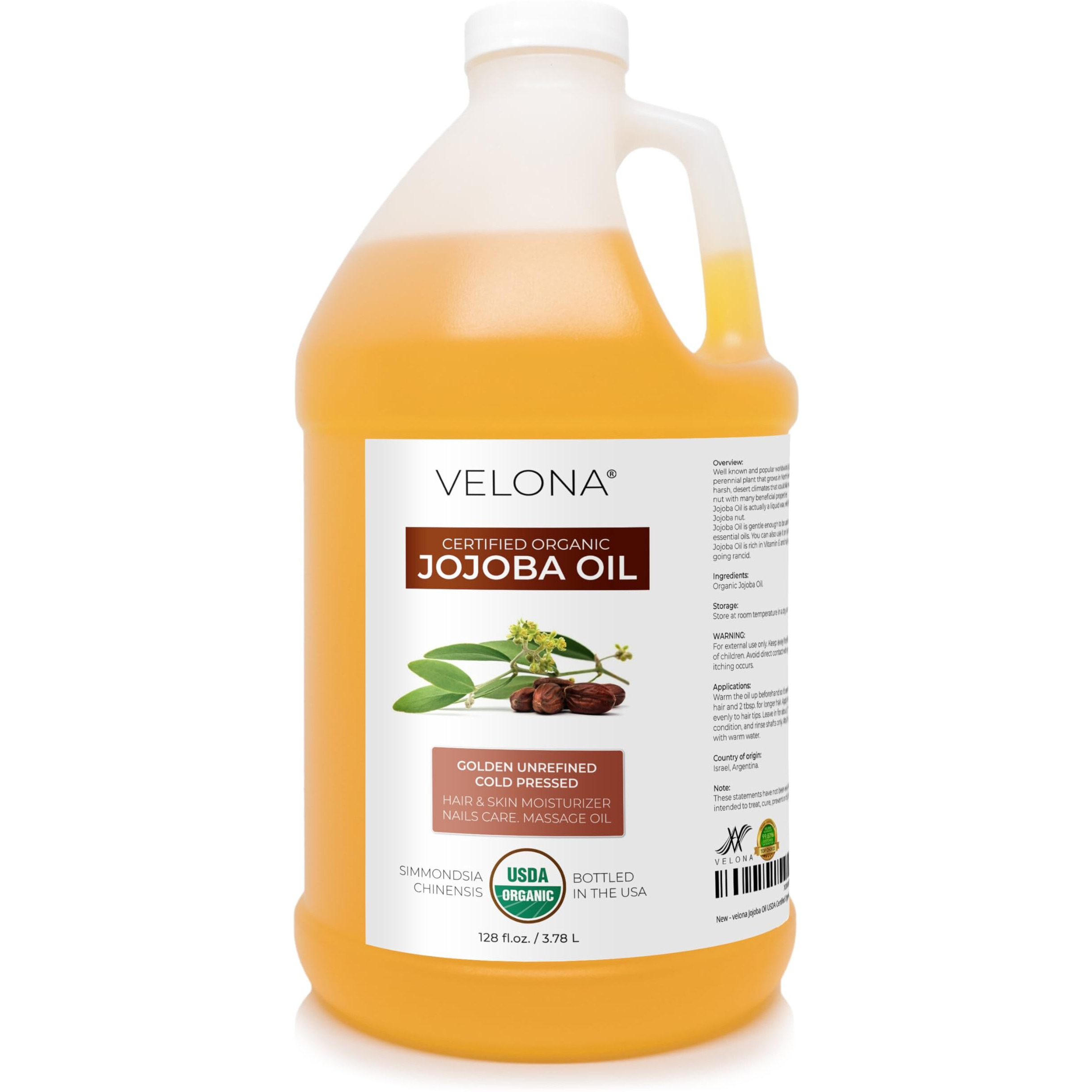 Velona Jojoba Oil Usda Certified Organic - 1 Gallon / 128 Fl Oz | 100% Pure And Natural | Golden, Unrefined, Cold Pressed, Hexane Free | Moisturizing Face, Hair, Body, Skin Care