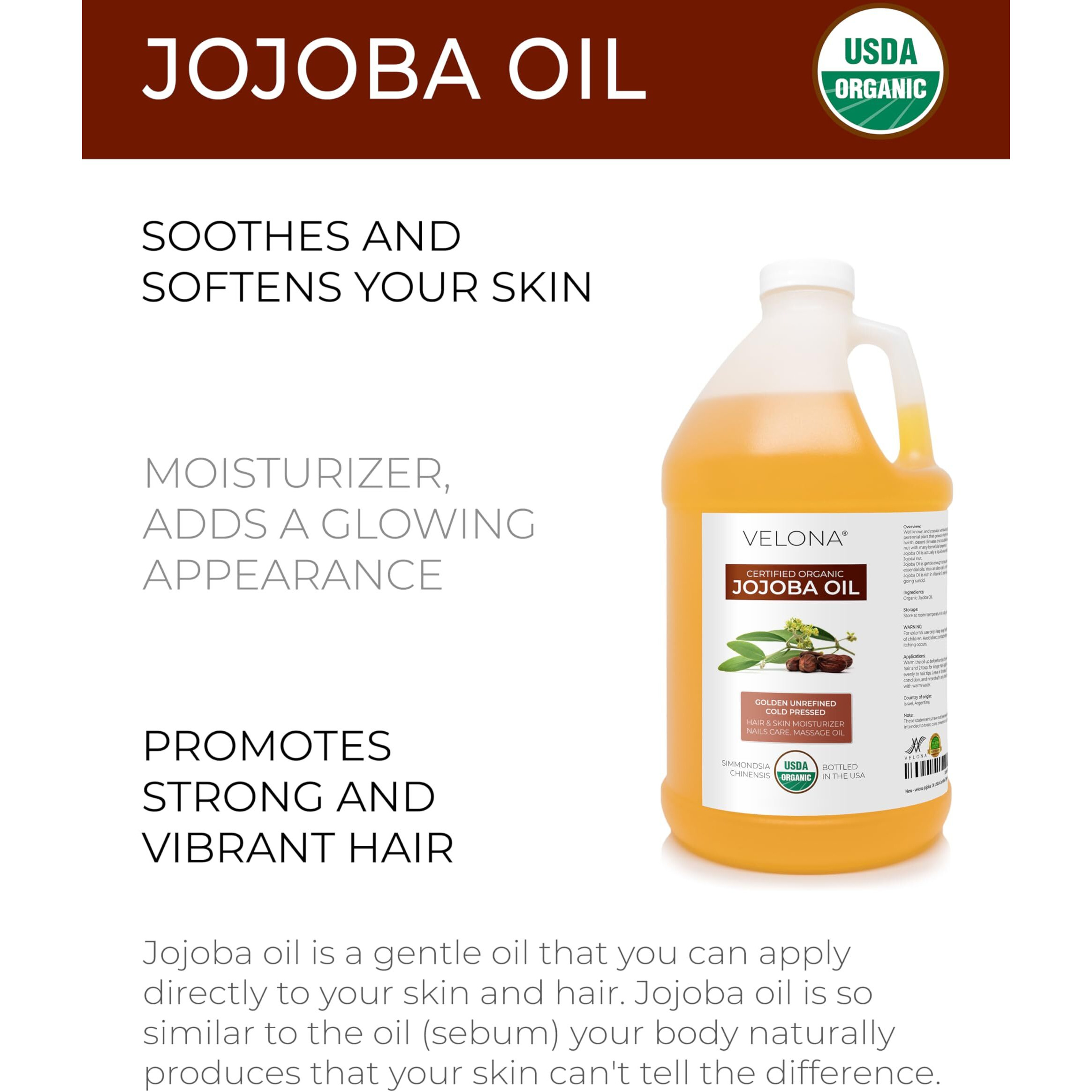 Velona Jojoba Oil Usda Certified Organic - 1 Gallon / 128 Fl Oz | 100% Pure And Natural | Golden, Unrefined, Cold Pressed, Hexane Free | Moisturizing Face, Hair, Body, Skin Care