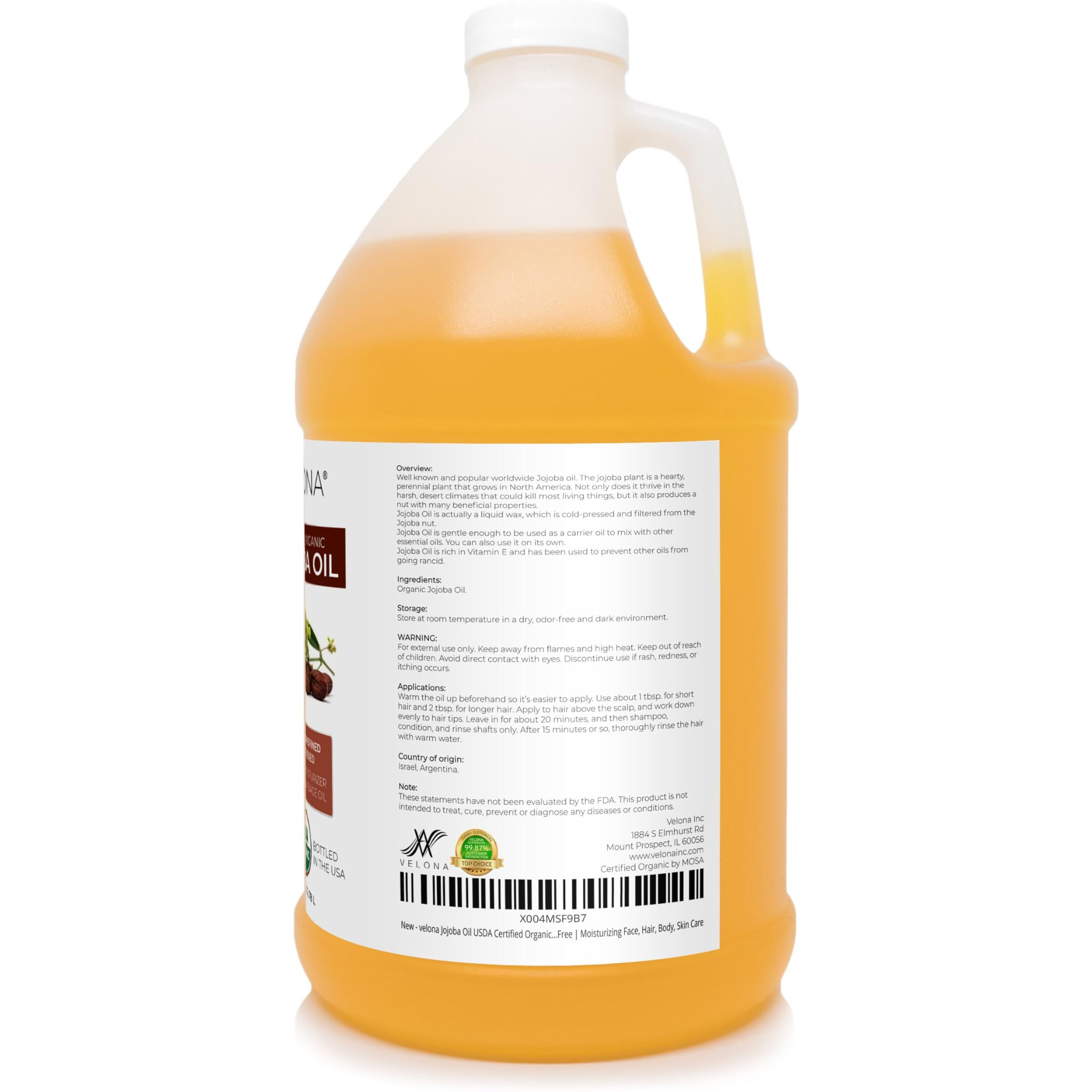 Velona Jojoba Oil Usda Certified Organic - 1 Gallon / 128 Fl Oz | 100% Pure And Natural | Golden, Unrefined, Cold Pressed, Hexane Free | Moisturizing Face, Hair, Body, Skin Care