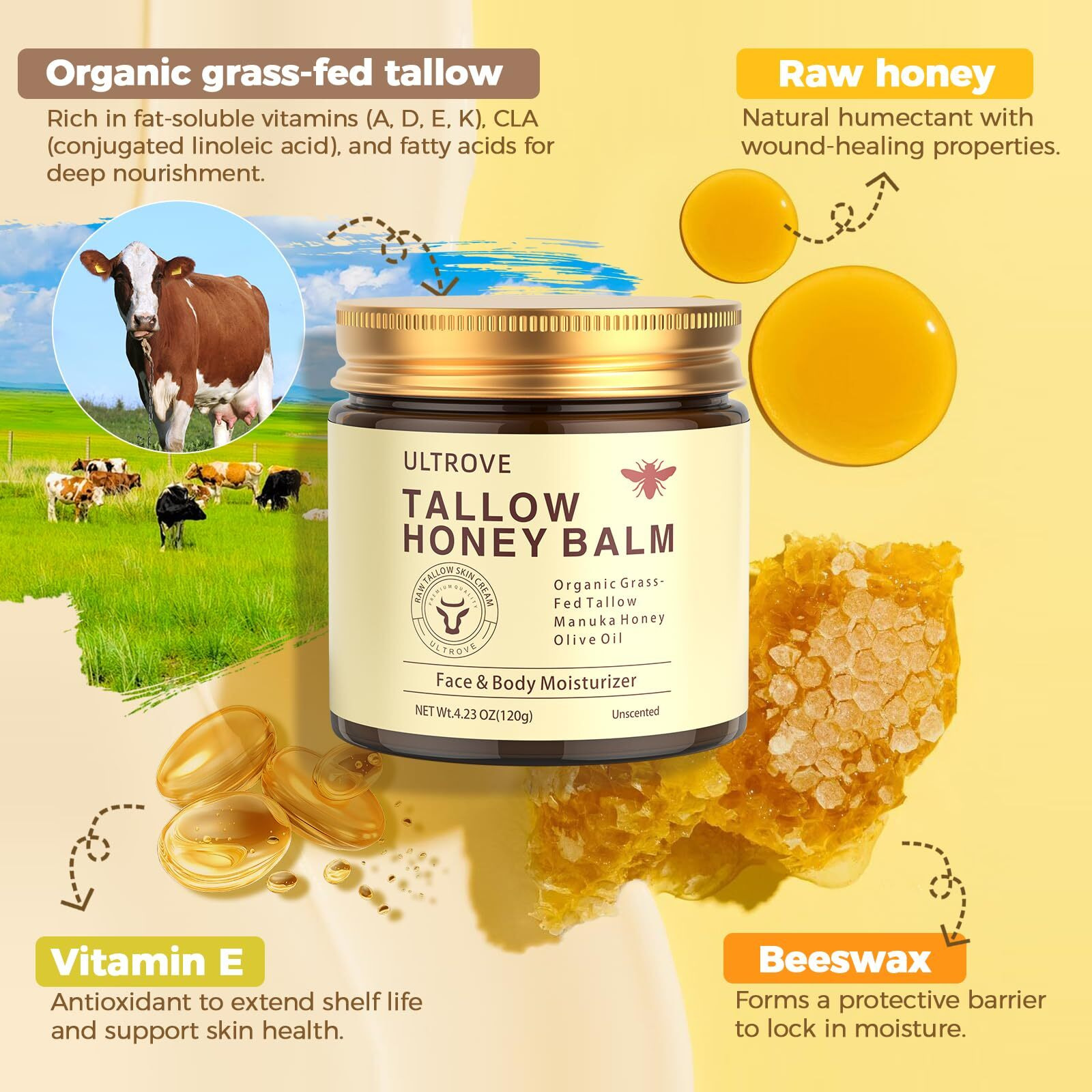 Ultrove Beef Tallow And Honey Balm For Skin, Natural Face + Body Moisturizer With Organic Grass-Fed Beef Tallow & Raw Wild Honey For Dry & Sensitive Skin, 4.23Oz
