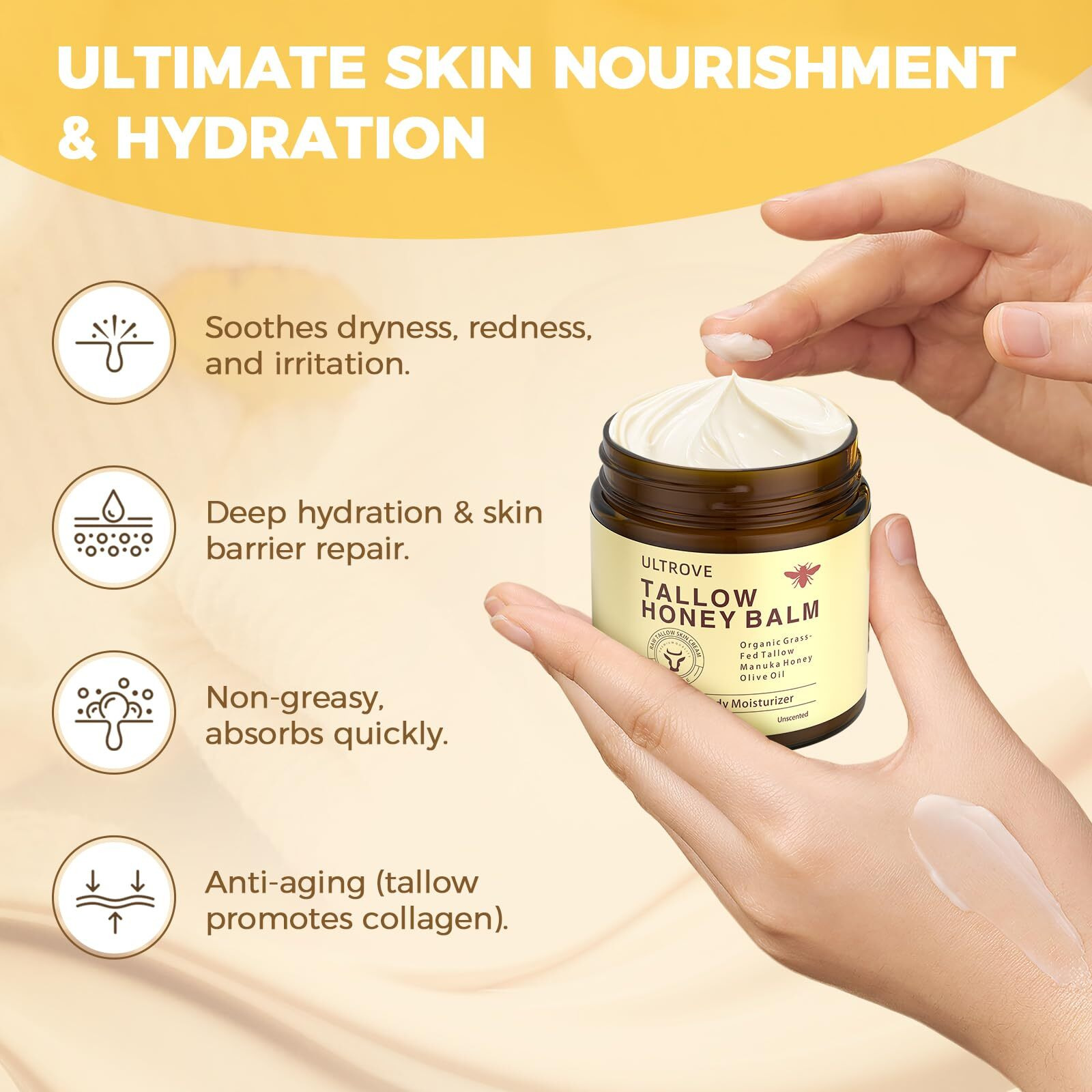 Ultrove Beef Tallow And Honey Balm For Skin, Natural Face + Body Moisturizer With Organic Grass-Fed Beef Tallow & Raw Wild Honey For Dry & Sensitive Skin, 4.23Oz