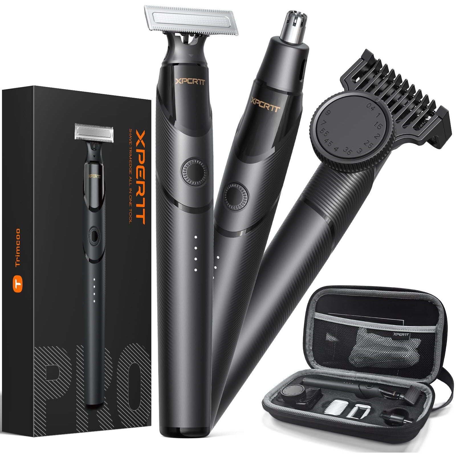 [2025 Upgraded] Beard & Nose Hair Trimmer Kit, [All-In-One] 12 In 1 Rotating Comb, Travel Body Hair Electric Shaver For Men, Usb-C Fast Charging, Painless Razor Waterproof Wet/Dry, Black(Pack)