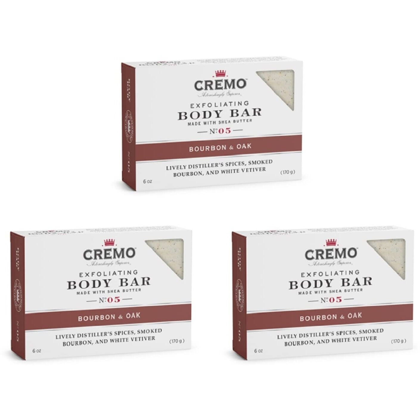 Cremo Bourbon & Oak Exfoliating Body Bars (3-Pack) - A Sophisticated Blend Of Distillers Spice, Fine Bourbon And White Oak