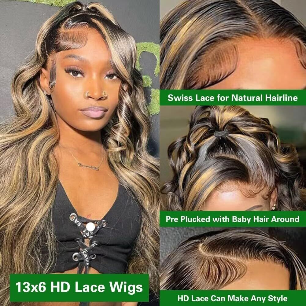 Quandian 13X6 Body Wave Lace Front Wigs Human Hair 180% Density 13X6 Hd Lace Front Wigs Human Hair 22Inch Highlight Balayage Wig Fb/27 Glueless Wigs Pre Plucked Pre Cut Ombre Wig