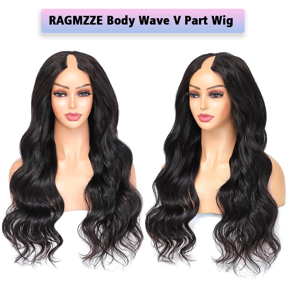 Ragmzze V Part Wig Human Hair Body Wave Upgrade U Part Glueless Wigs Human Hair Pre Plucked Pre Cut For Black Women 180% Density 4X4X1 Inch Middle Net Clip In Half Wig Natural Black 34 Inch