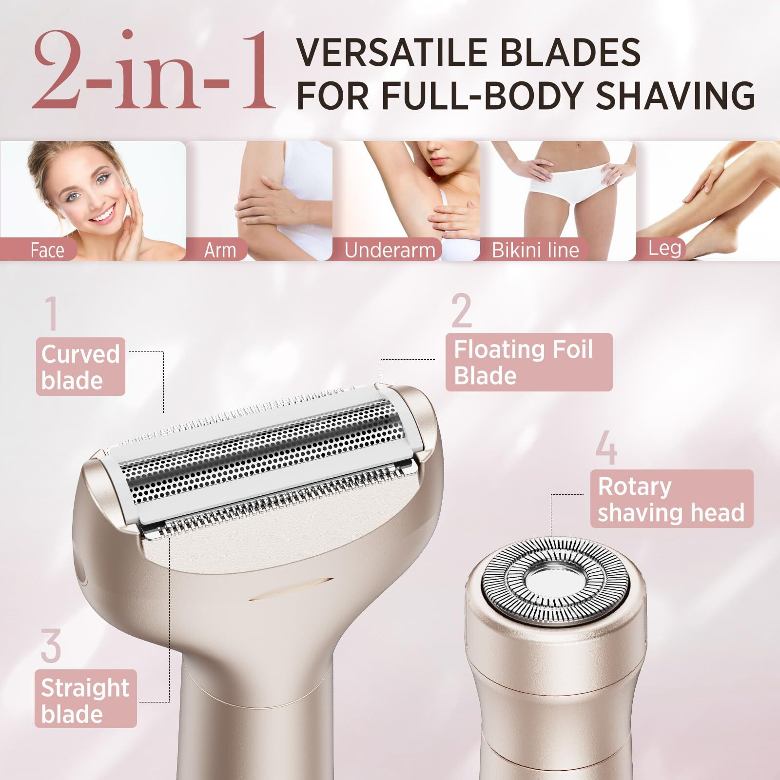 Orchrose Electric Razor For Women Body Rechargeable Painless Electric Shaver For Bikini Face Body Legs Underarms - 3-In-1 Blade Head And Rotary Shaving Head