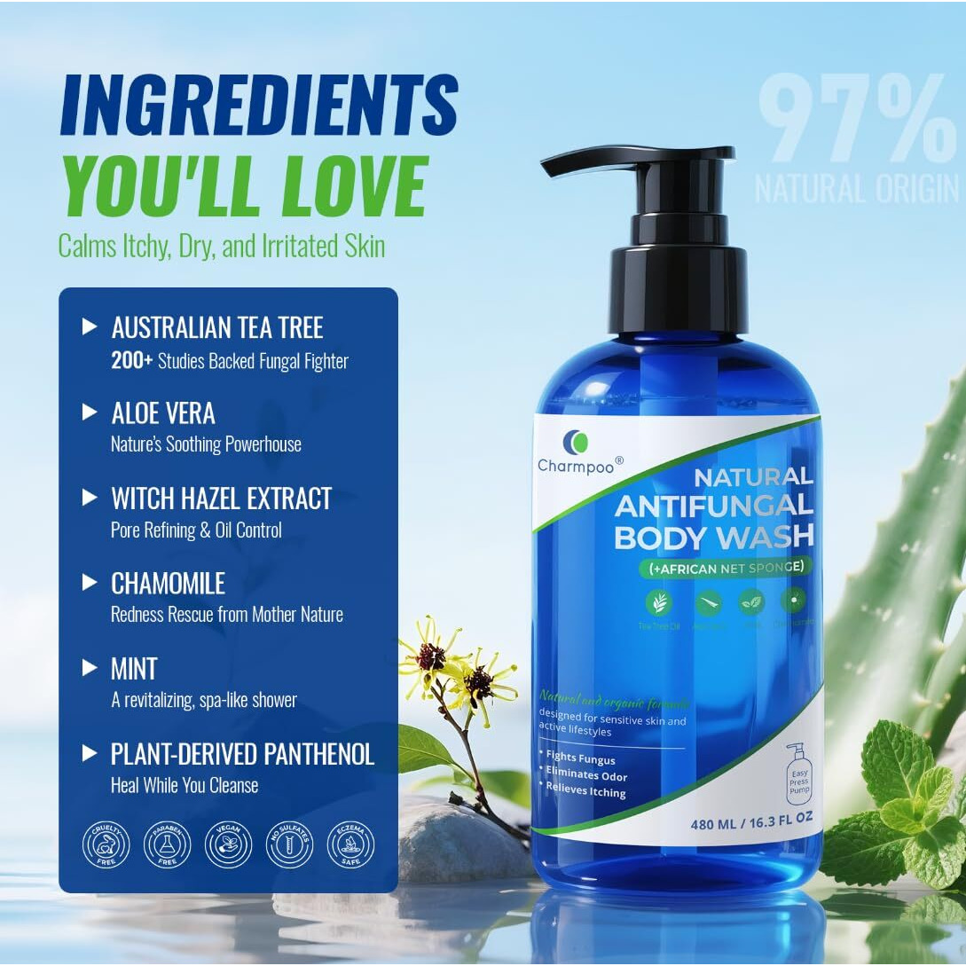 Charmpoo Natural Antifungal Body Wash Tea Tree Fights Fungus Eliminates Odor Relieves Itching Formula For Sensitive Skin And Active Lifestyles 16.3 Fl Oz