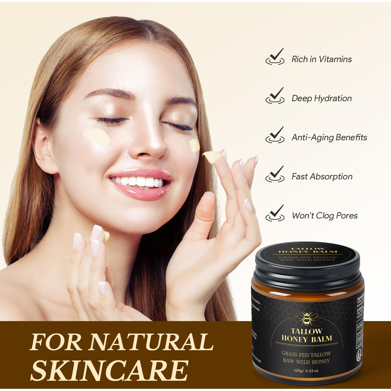 Lazibudgha Beef Tallow For Skin, Tallow And Honey Balm For Face, Organic Grass-Fed Tallow For Body, Deep Nourishing 4.2 Oz / 120G
