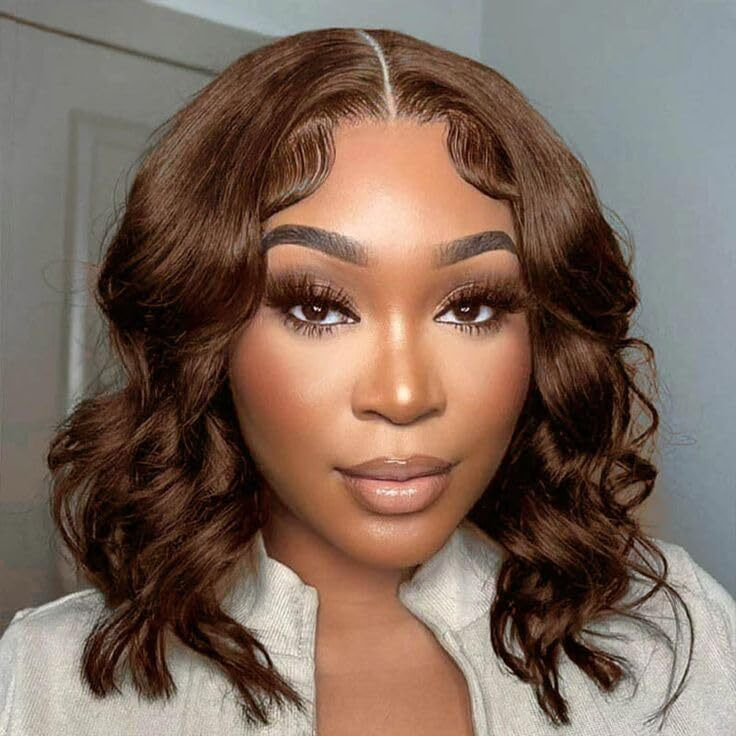 Dolly Pretty Chocolate Brown Lace Front Bob Wig 10Inch 13X6 Body Wave Lace Front Wigs Human Hair 200 Density Pre Plucked 4 Colored Wigs