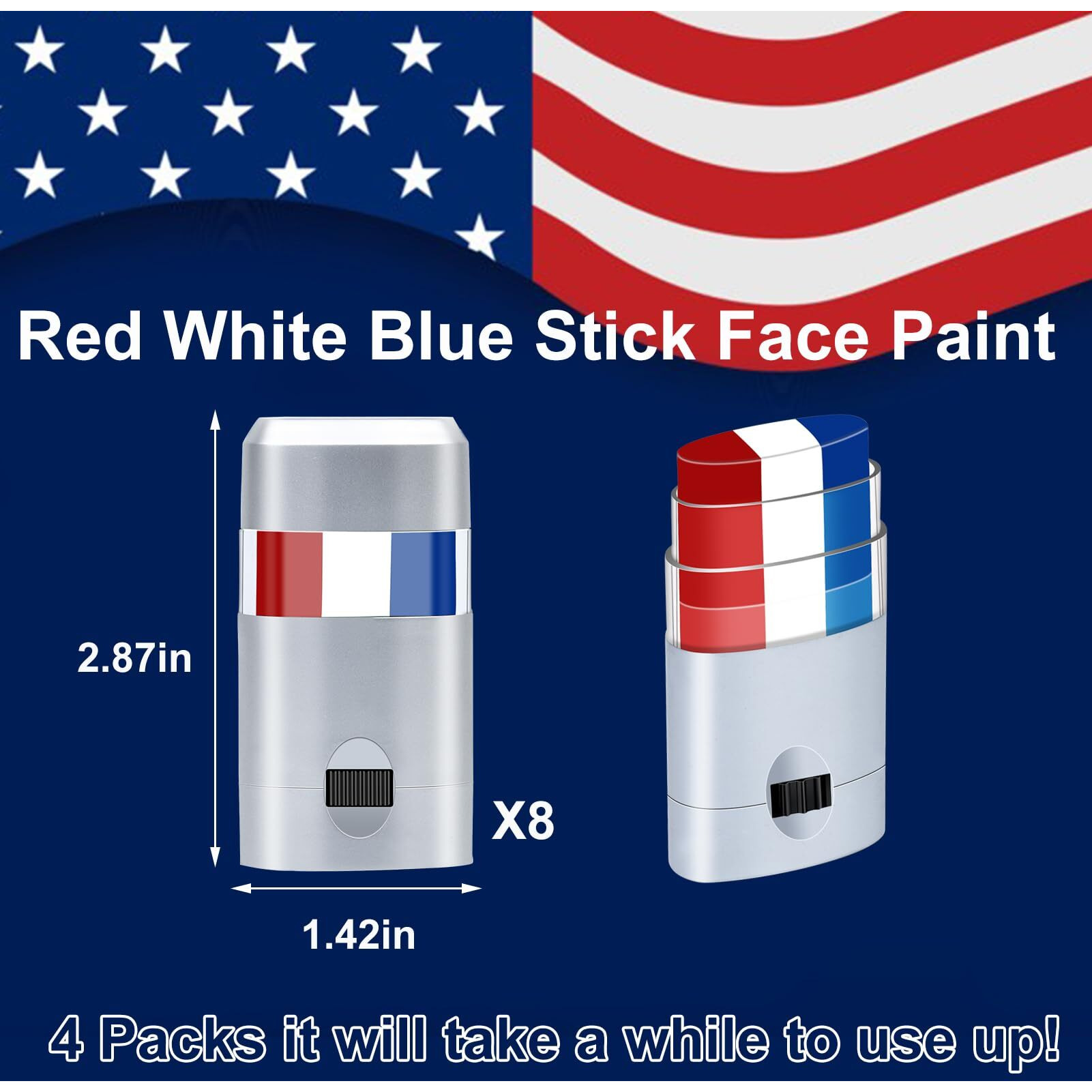8Pcs Red White And Blue Face Paint Stick, Long Lasting Patriotic Body Painting Baseball Eye Black America Usa Flag Makeup Stick 4Th Of July Accessories For Kids Women Men Sports Party Independence Day