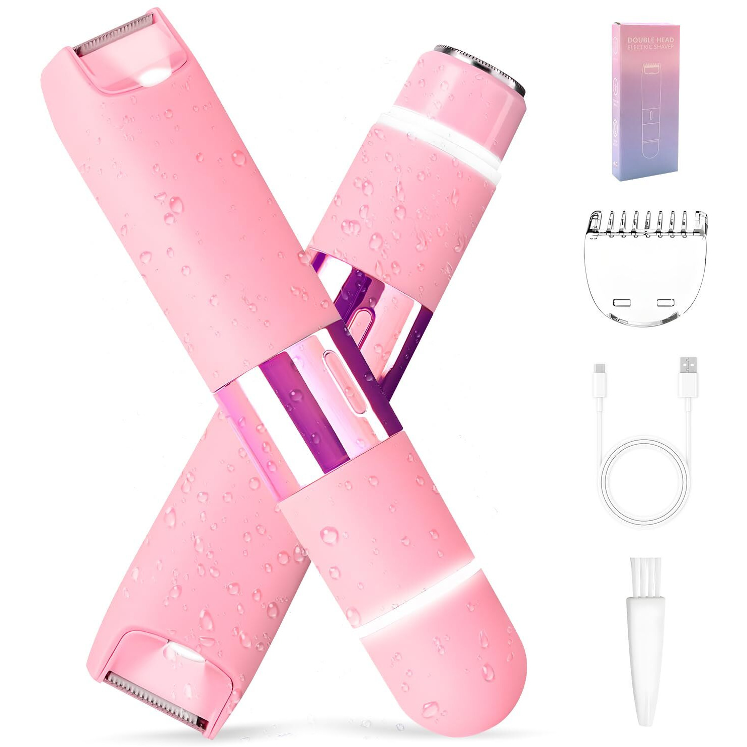 Dermave Bikini Trimmer Razors Shaver For Women,2-In-1 Waterproof Electric Dual Ceramic Head Shaver,Ipx7 Waterproof Rechargeable Lady Trimmer For Face,Body&Intimate Areas (Pink)