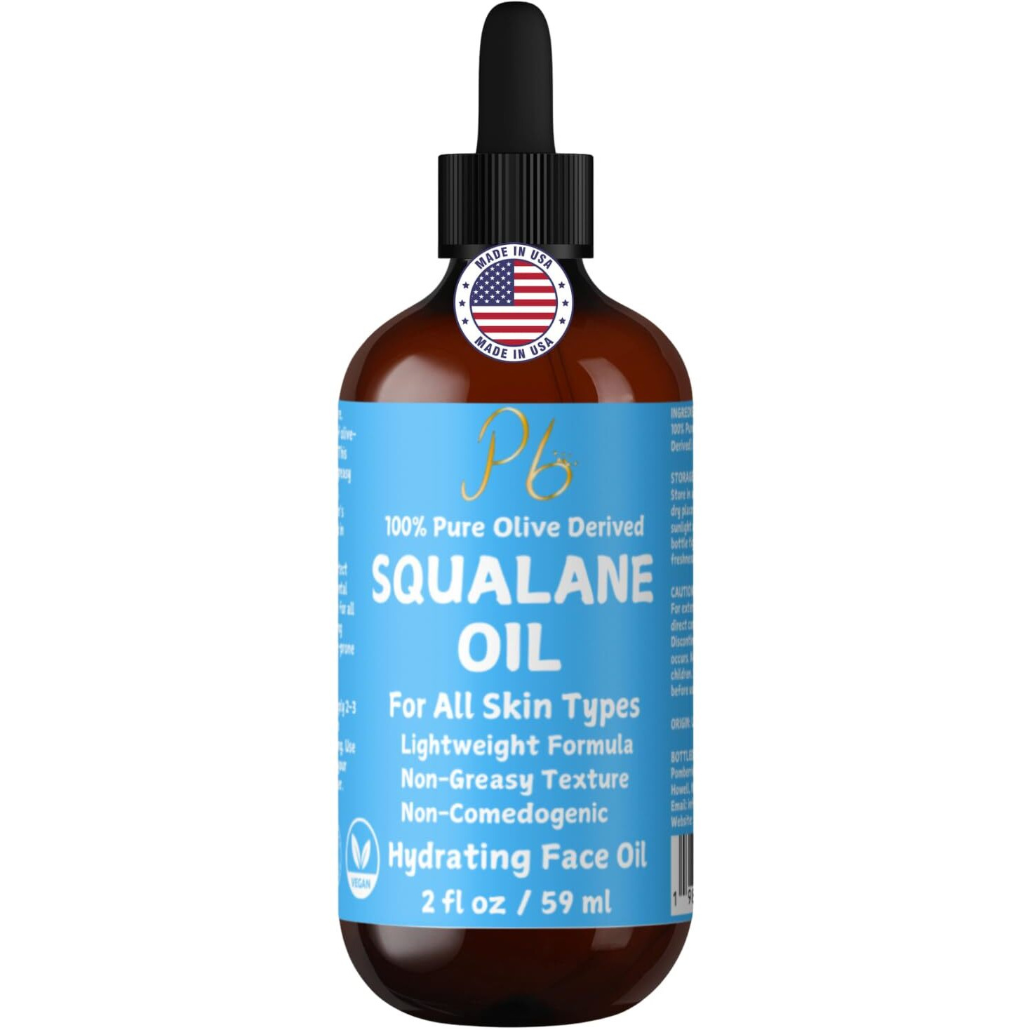 Squalane Oil - 100% Plant-Derived, Lightweight & Fast-Absorbing Squalane Face Oil For Anti-Aging, Dry Skin, Hair & Body | Non-Greasy, Non-Comedogenic Moisturizer | 2 Fl Oz