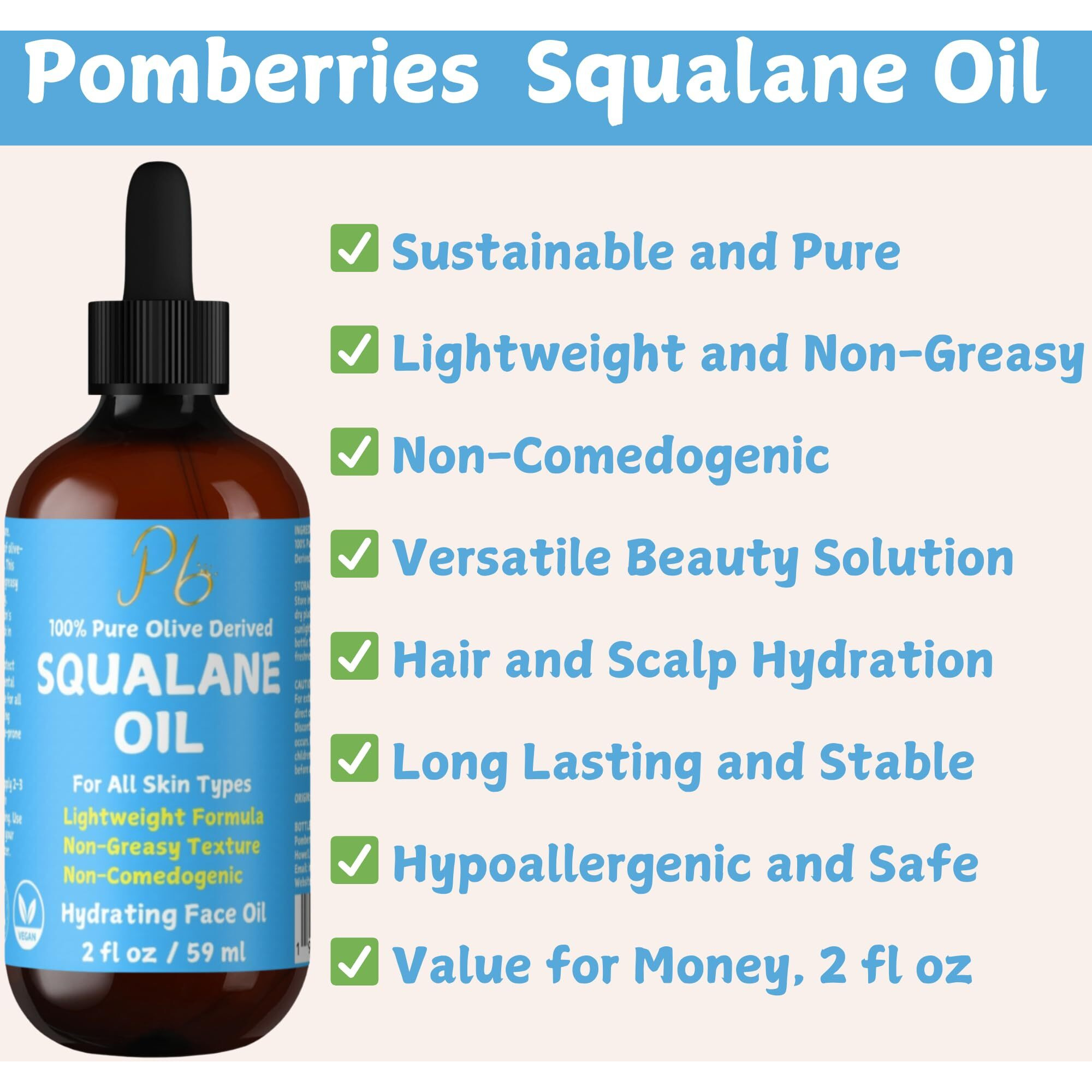 Squalane Oil - 100% Plant-Derived, Lightweight & Fast-Absorbing Squalane Face Oil For Anti-Aging, Dry Skin, Hair & Body | Non-Greasy, Non-Comedogenic Moisturizer | 2 Fl Oz