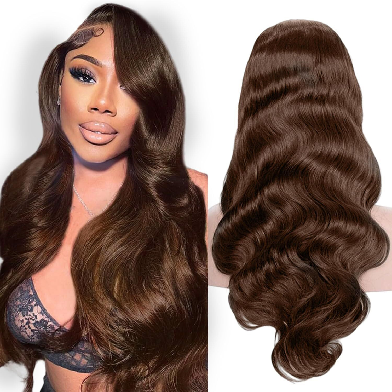 Dolly Pretty Chocolate Brown Lace Front Wig 13X6 Body Wave Lace Front Wigs Human Hair 200 Density Pre Plucked 4 Colored Wigs 18 Inch